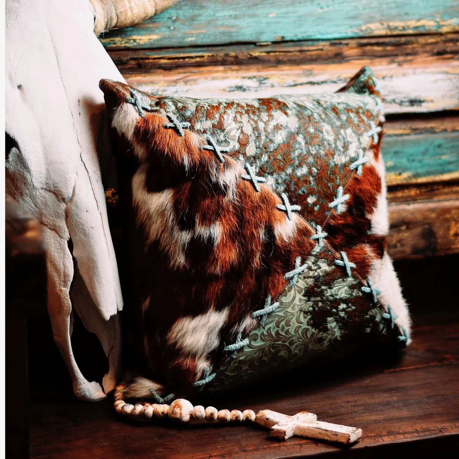 Handmade Brazilian Tombstone Pillow featuring cowhide and leather Western design, 18x18 decorative throw pillow.