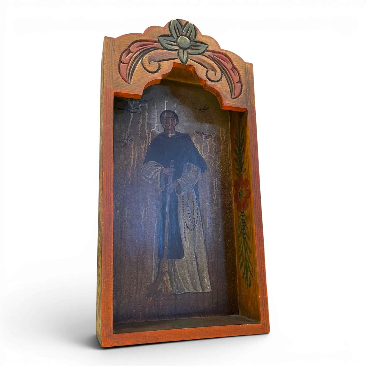 Handmade Mexican Retablo Shadow Box featuring hand-painted religious imagery, hand-carved wood details, and rich dark finish.