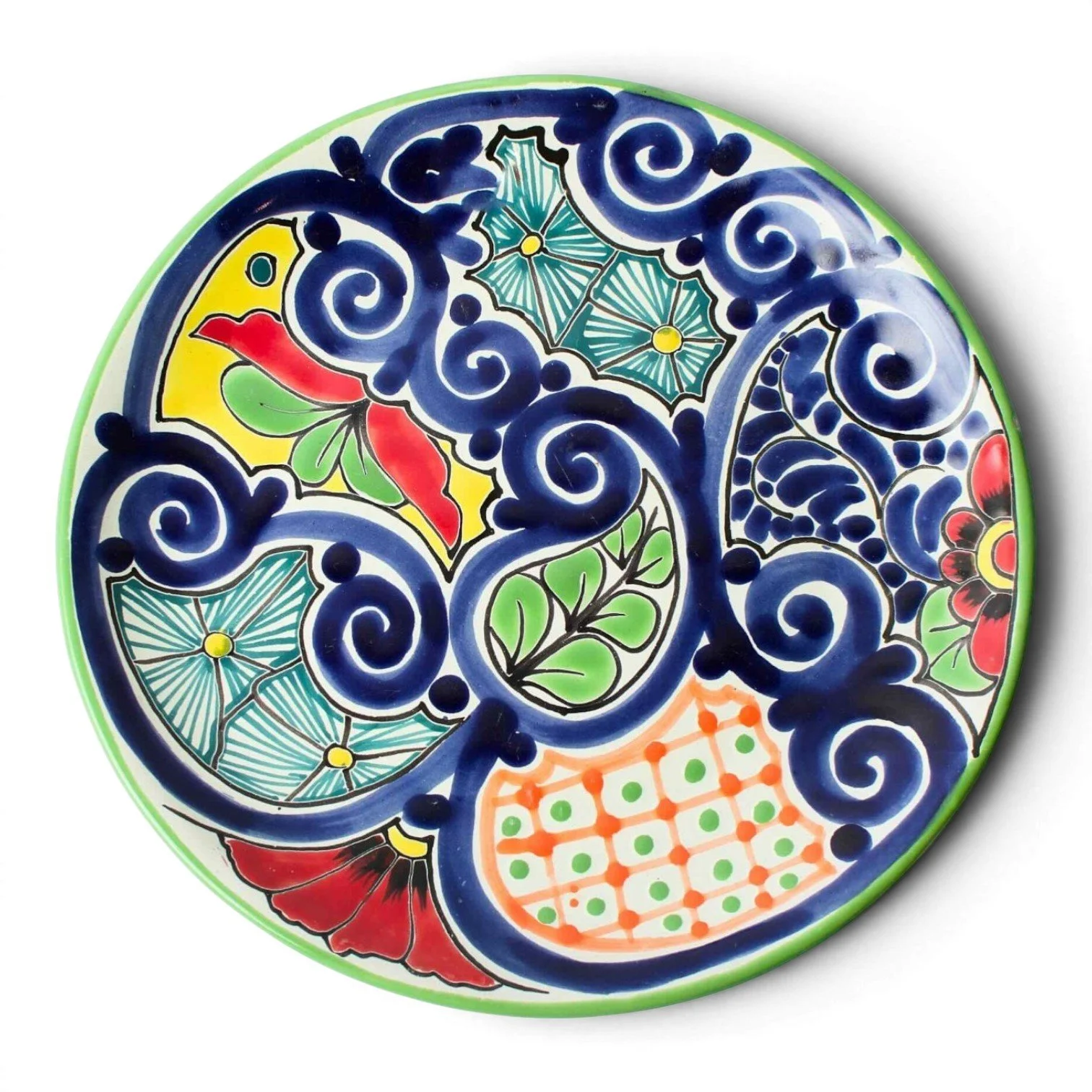 Handmade Mexican Talavera 10-inch dinner plate with colorful hand-painted design and assorted rim colors
