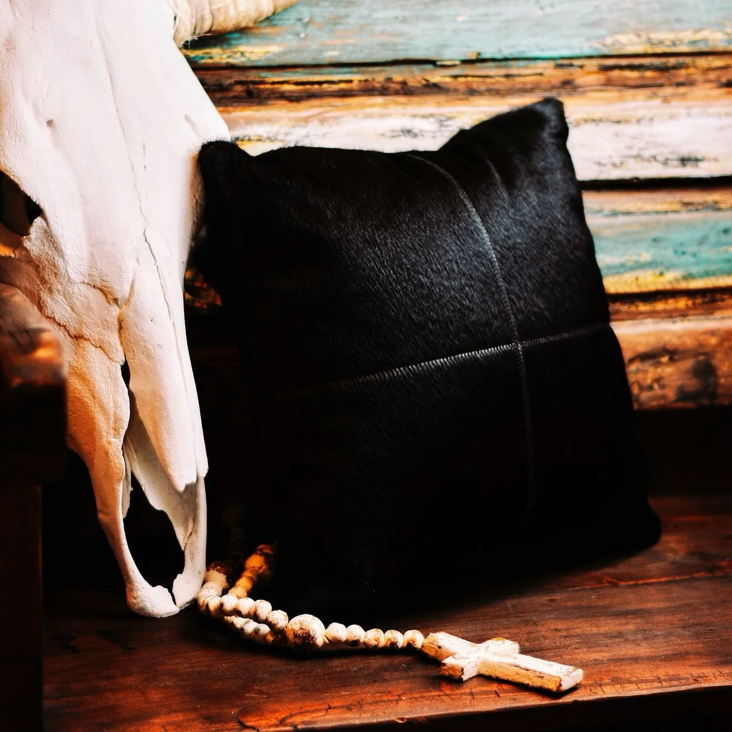 Handmade Brazilian Tombstone Pillow featuring cowhide and leather Western design, 18x18 decorative throw pillow.