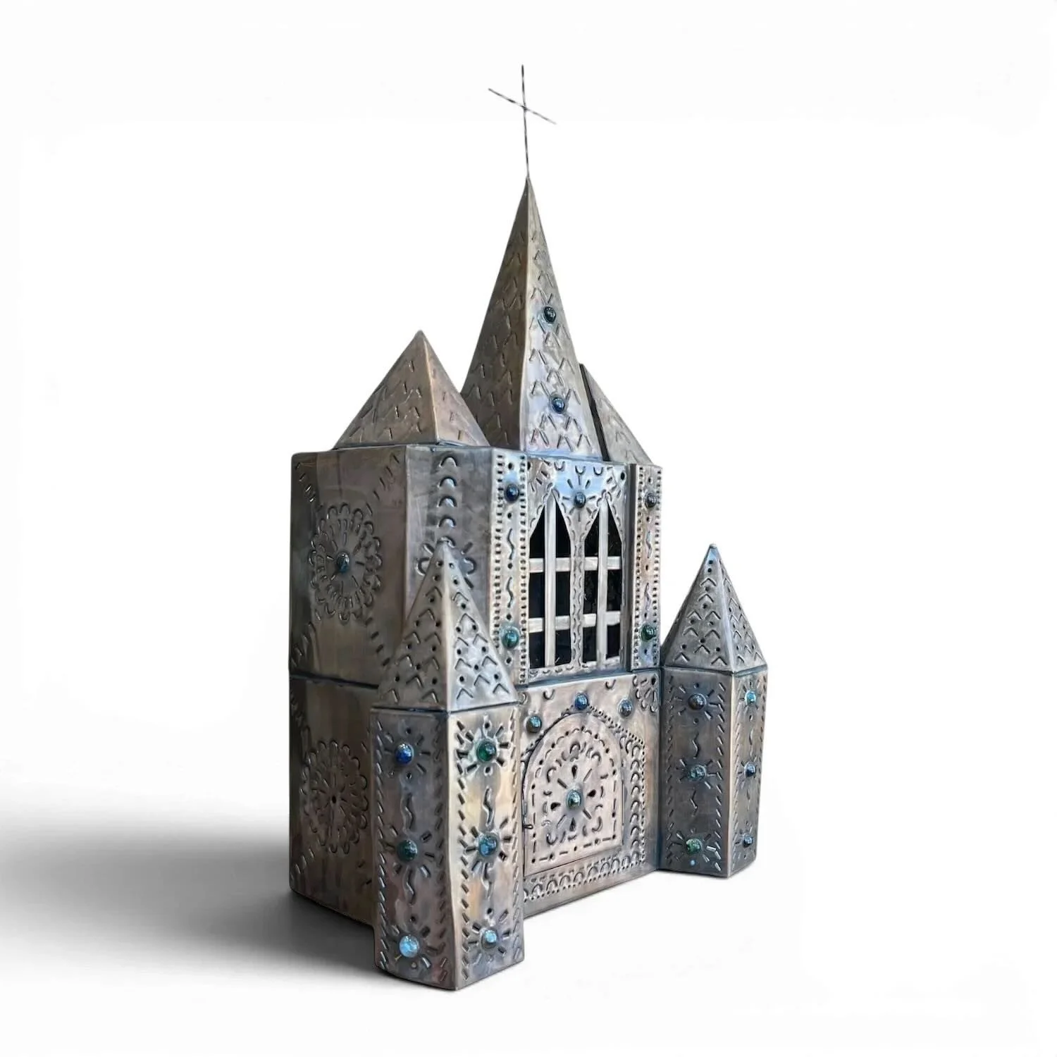 Handmade Cathedral Bronze Lamp with hand-punched tin design crafted in Mexico.