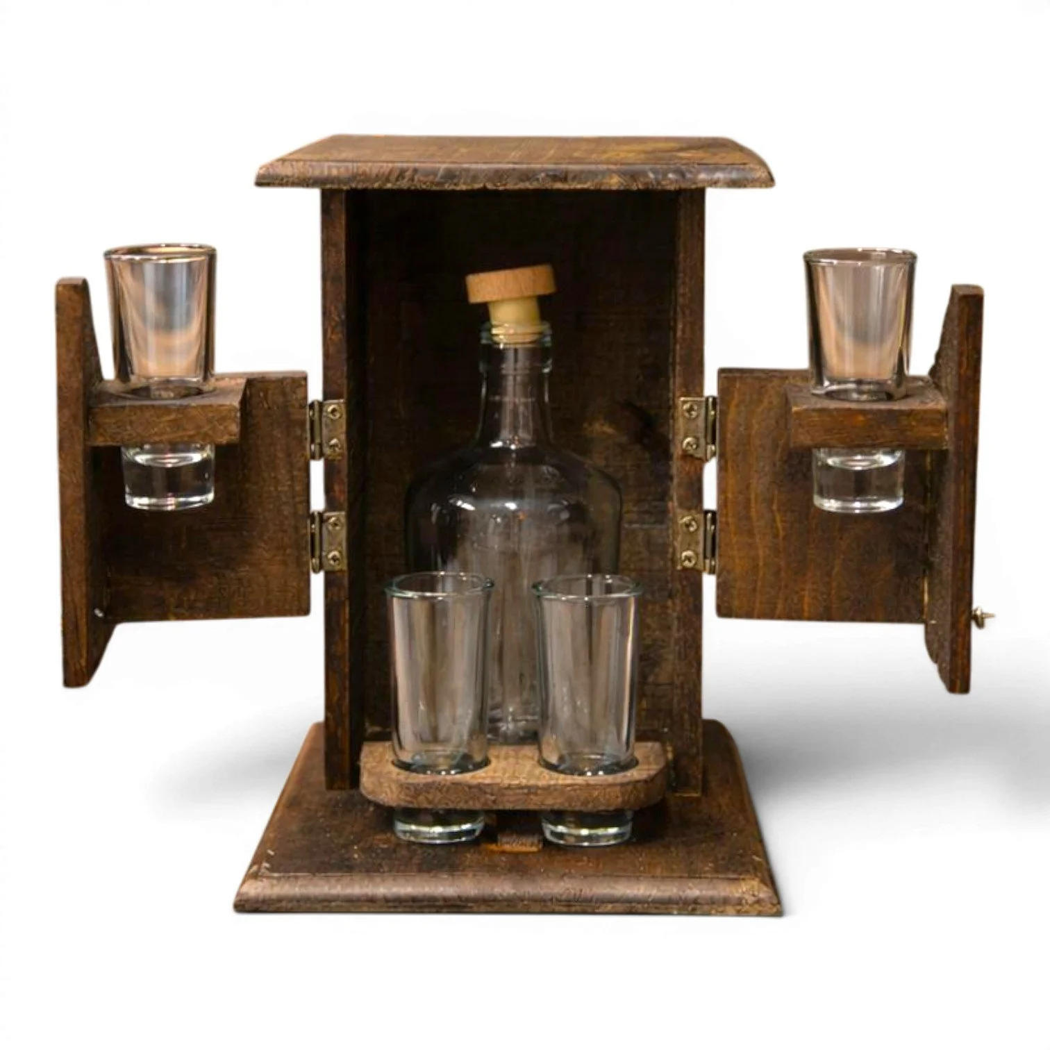 Handmade La Antigua Western tequila display with handblown bottle, four shot glasses, and rustic wooden cantina display crafted in Mexico.