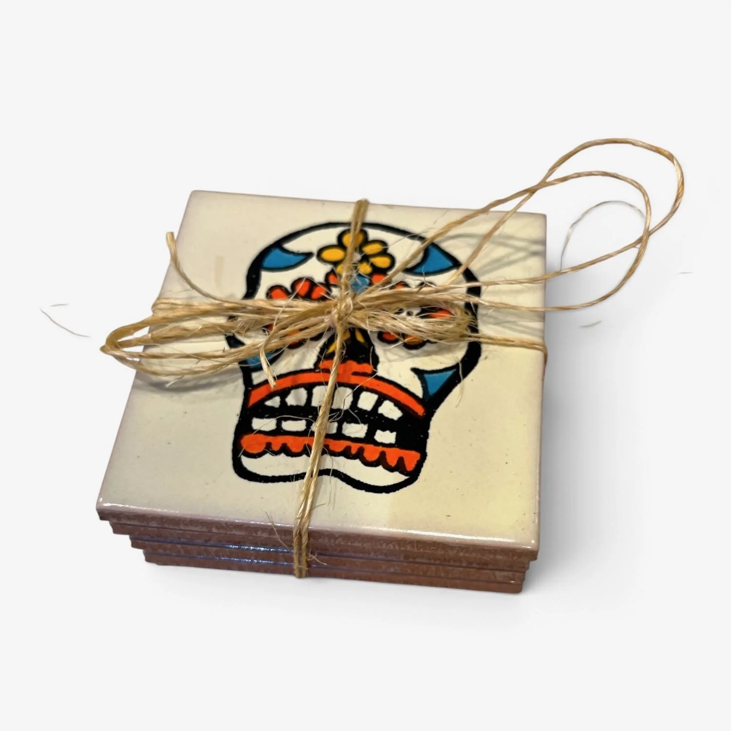 Handmade Talavera tile coaster set from Mexico featuring four colorful ceramic coasters with protective rubber bumpers.
