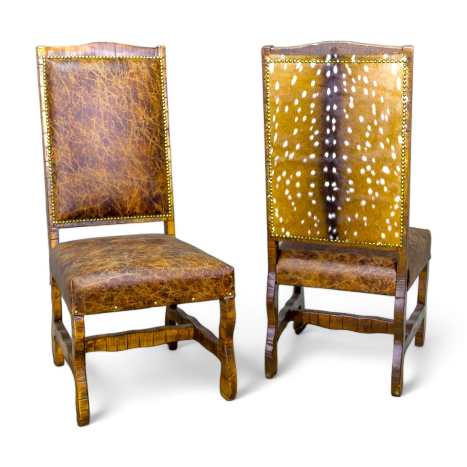 Handmade Mexican reclaimed wood dining chair with Axis deer hide and Royal Brick upholstery