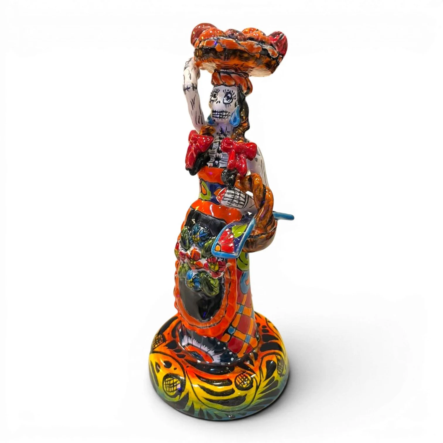 Handmade Mexican Catrina folk art figure with fruit basket, colorful dress and apron
