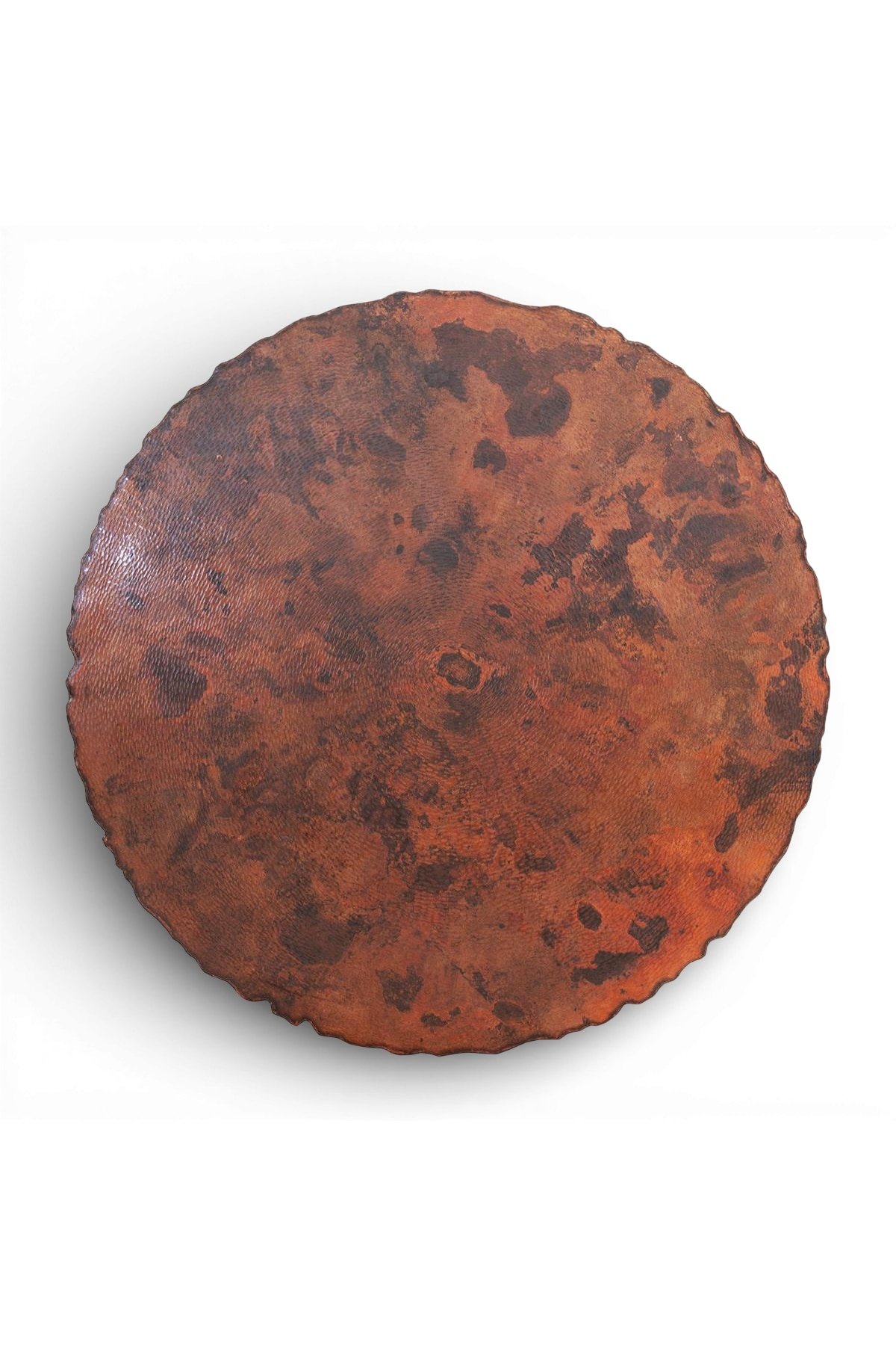 Shop a handmade copper dining table from Mexico. Live edge copper top with solid wood base, perfect for rustic luxury dining spaces.