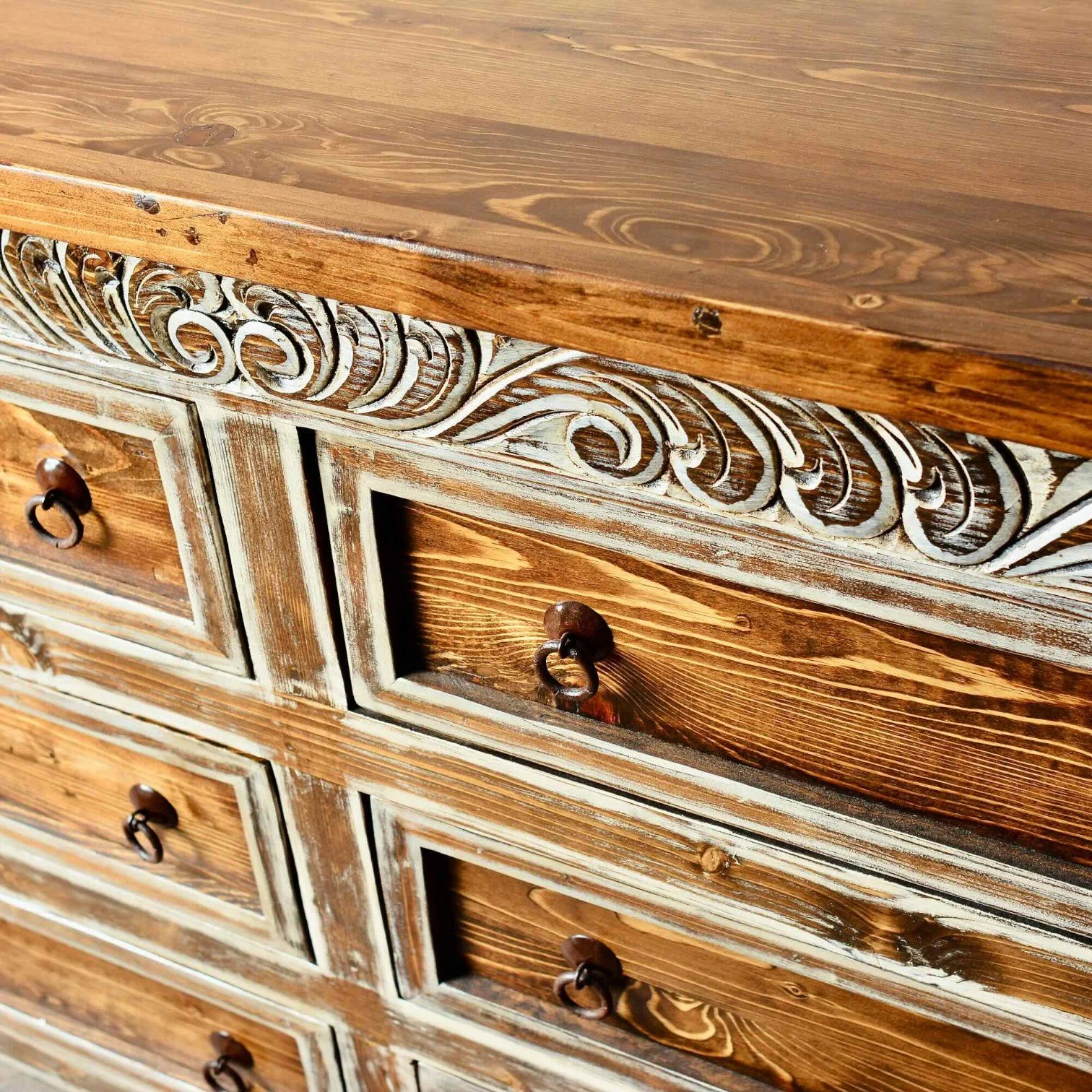 Las Conchas handcrafted Mexican reclaimed wood dresser with white wash finish and hand-carved details