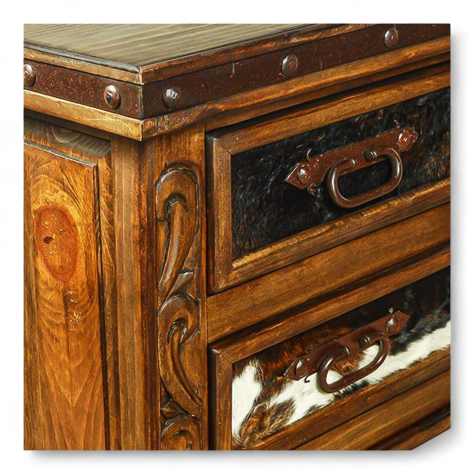 Hacienda Carved & Cowhide Nightstand