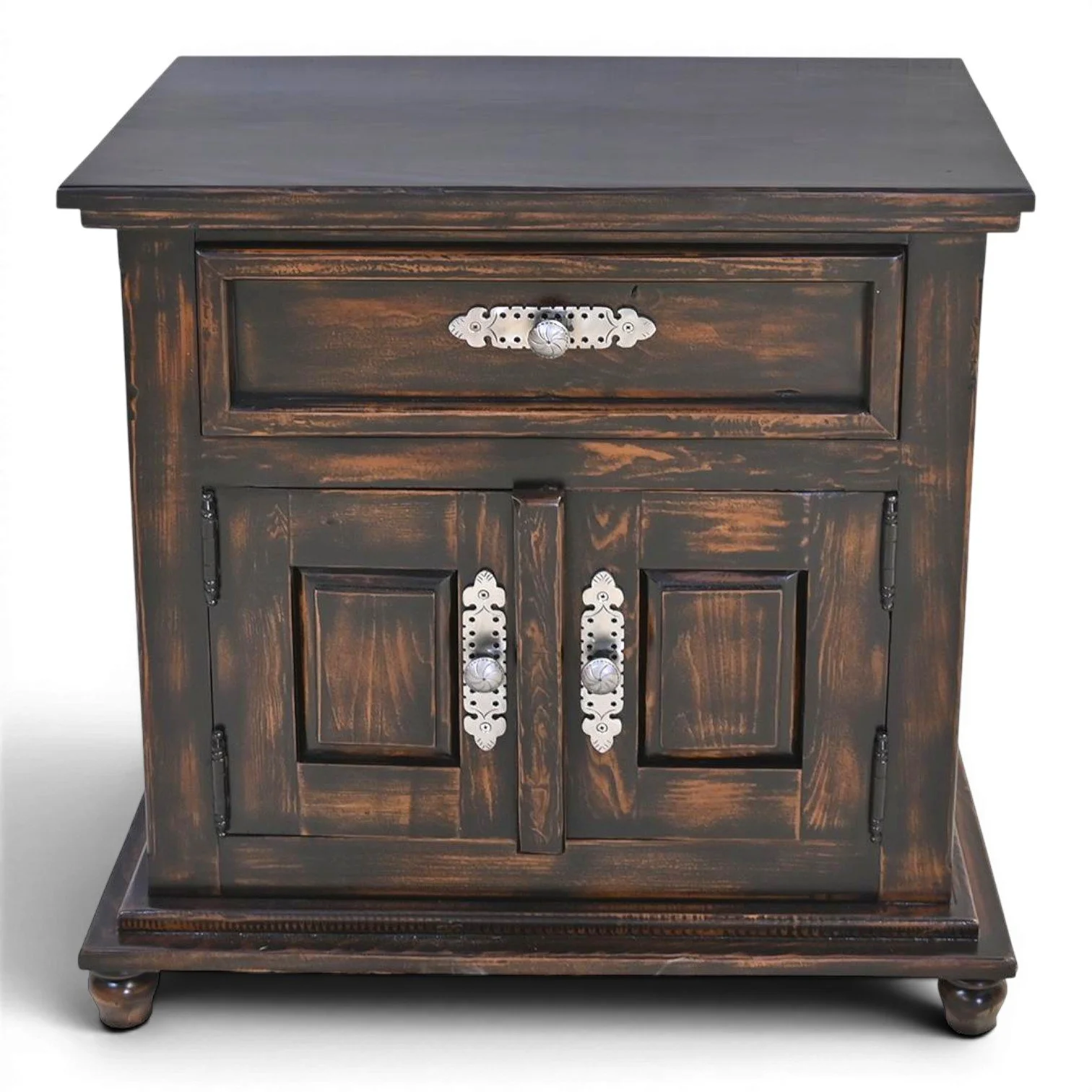 Handmade Mexican Arenas Negras two drawer nightstand with black washed finish and iron hardware