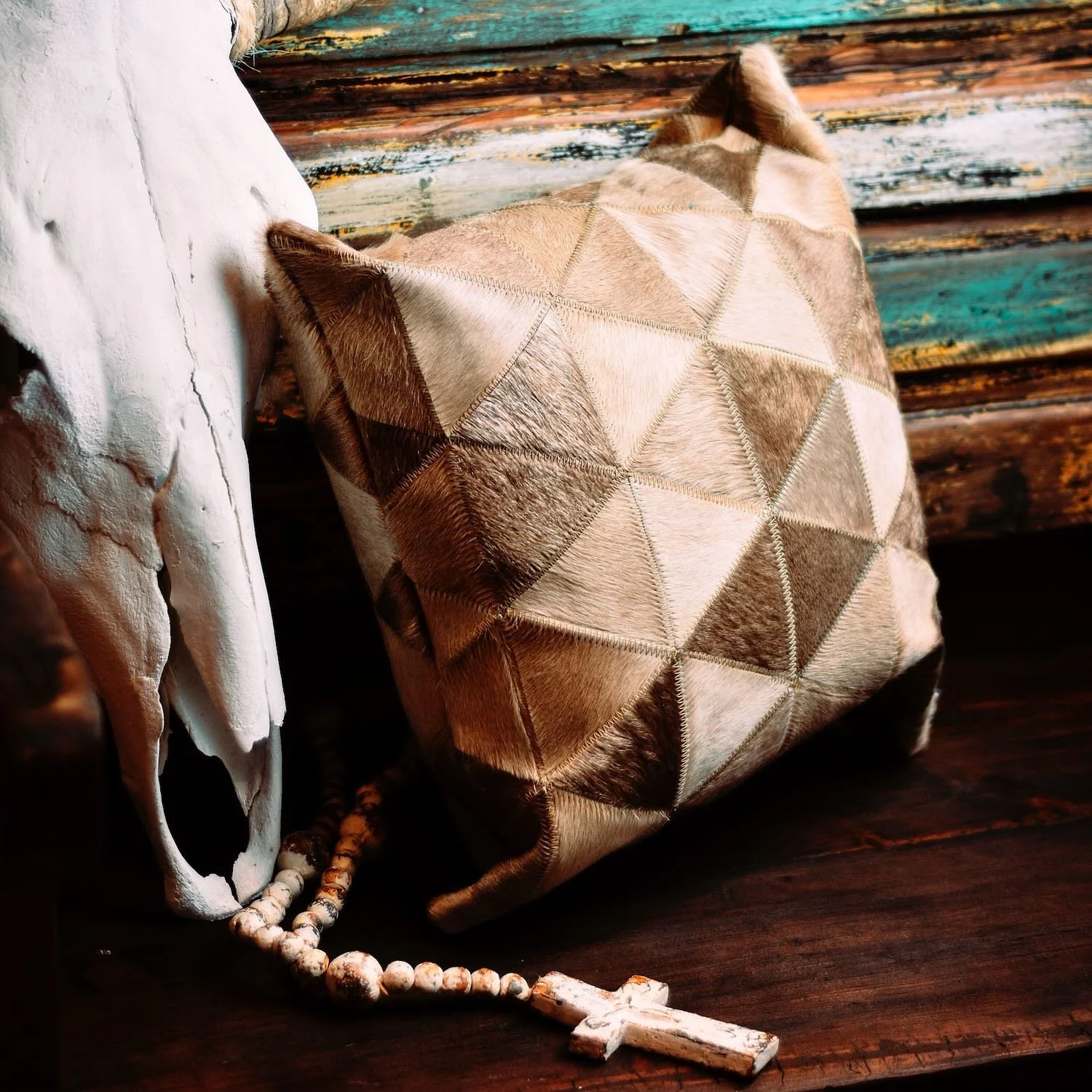 Handmade Brazilian Tombstone Pillow featuring cowhide and leather Western design, 18x18 decorative throw pillow.