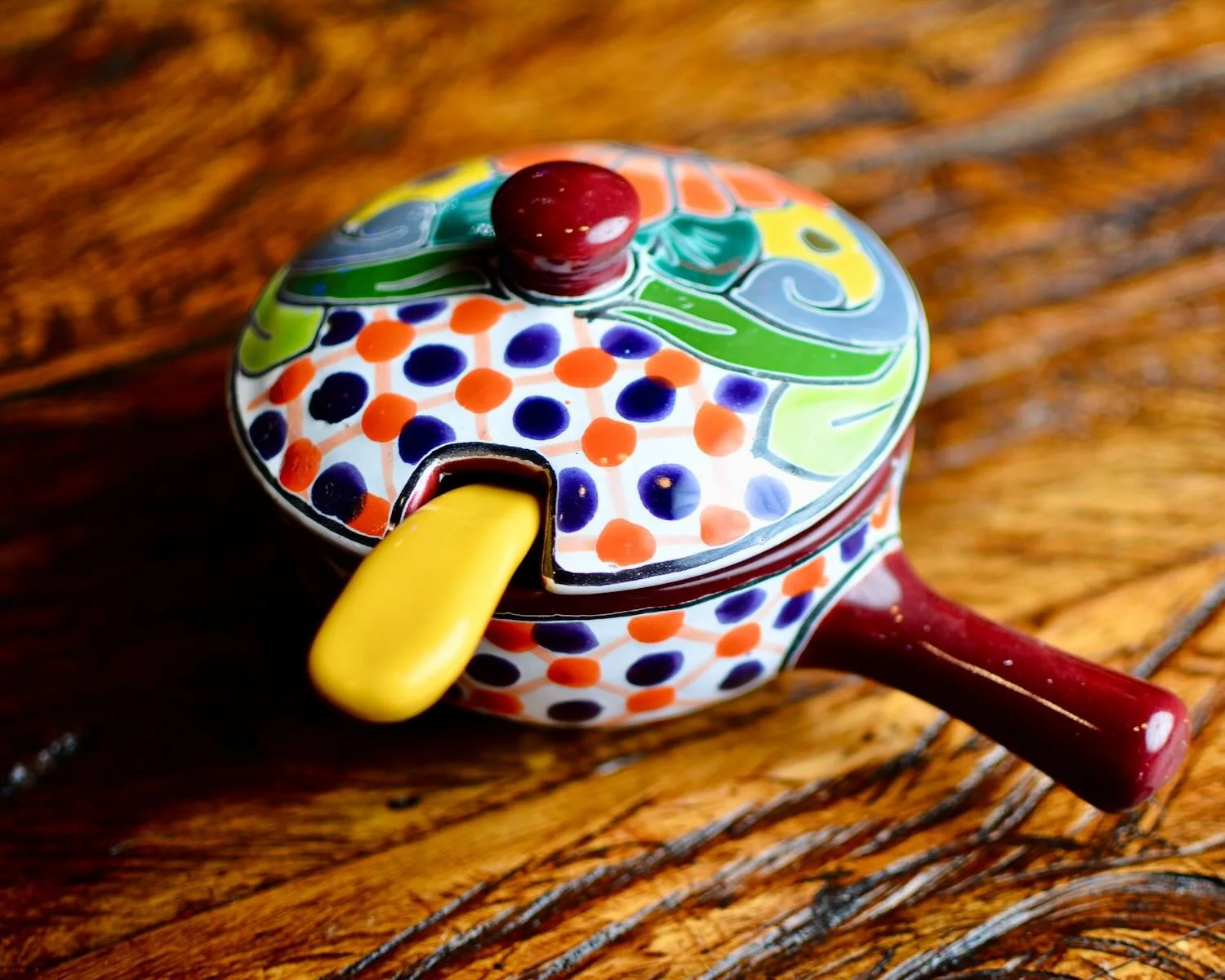 Talavera Salsa Bowl with Handle, Top and Spoon