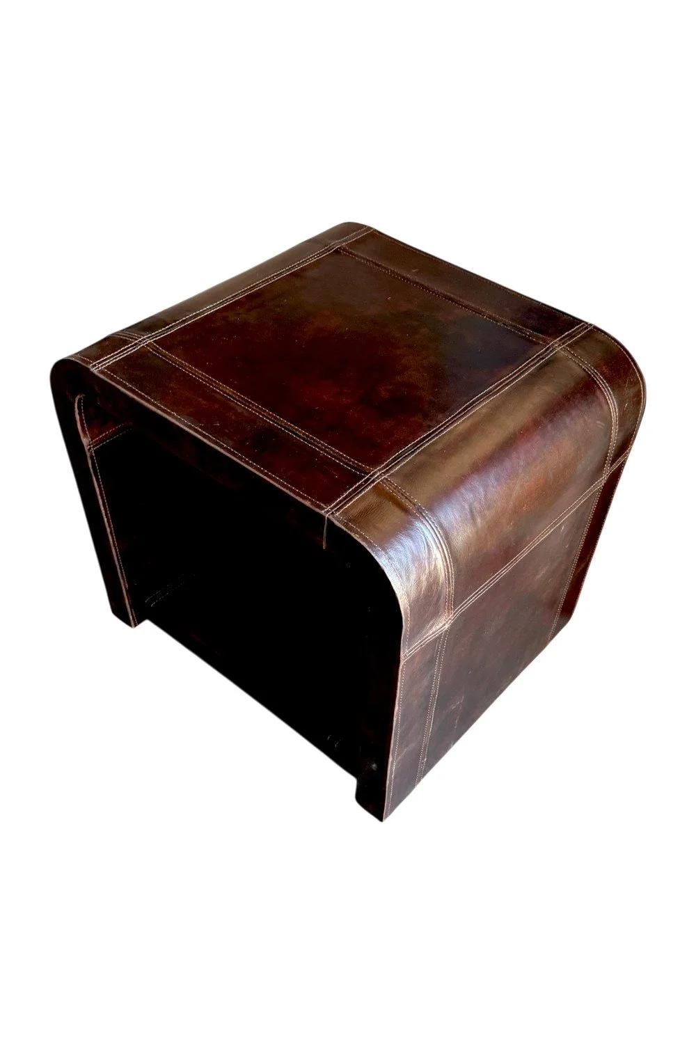 Shop the Yazmin Leather End Table Chocolate handmade in Peru. Leather-wrapped design with open shelf for modern rustic and contemporary living spaces.