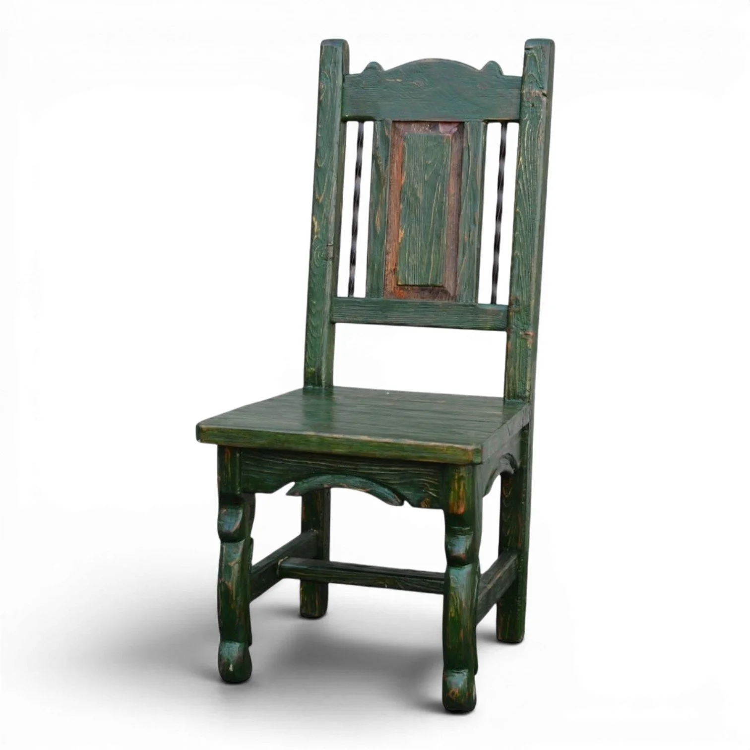 Silla Veracruz handcrafted Mexican reclaimed wood dining chair with twisted iron backrest and hand-carved details