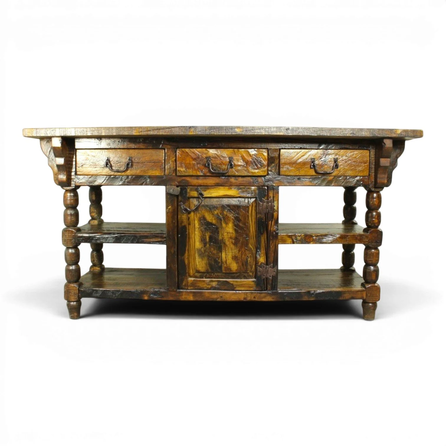 Handmade Mexican reclaimed wood kitchen island with turned legs and hacienda design