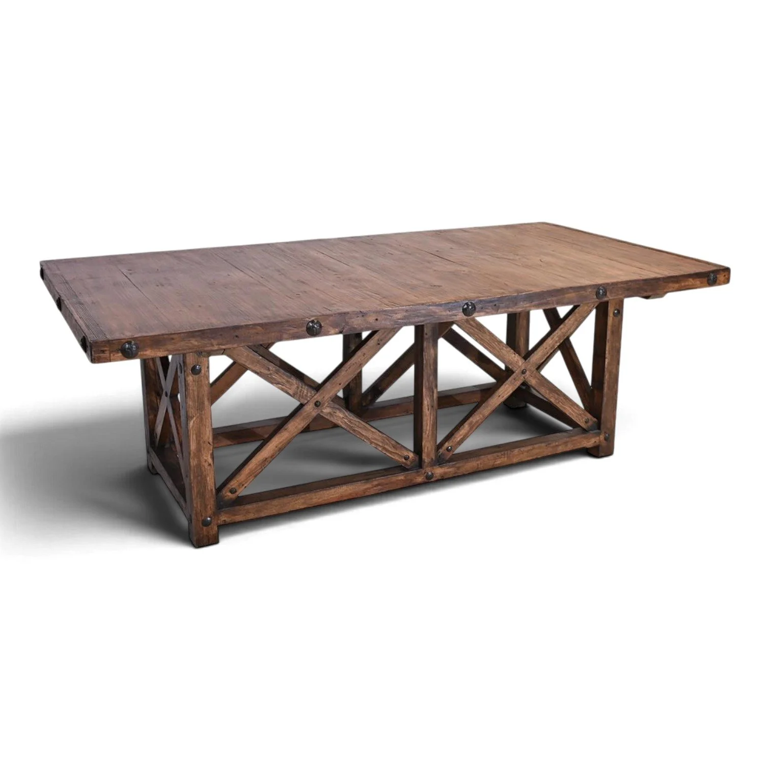Alpine dining table with crisscross base and clavos trim, handmade in Mexico