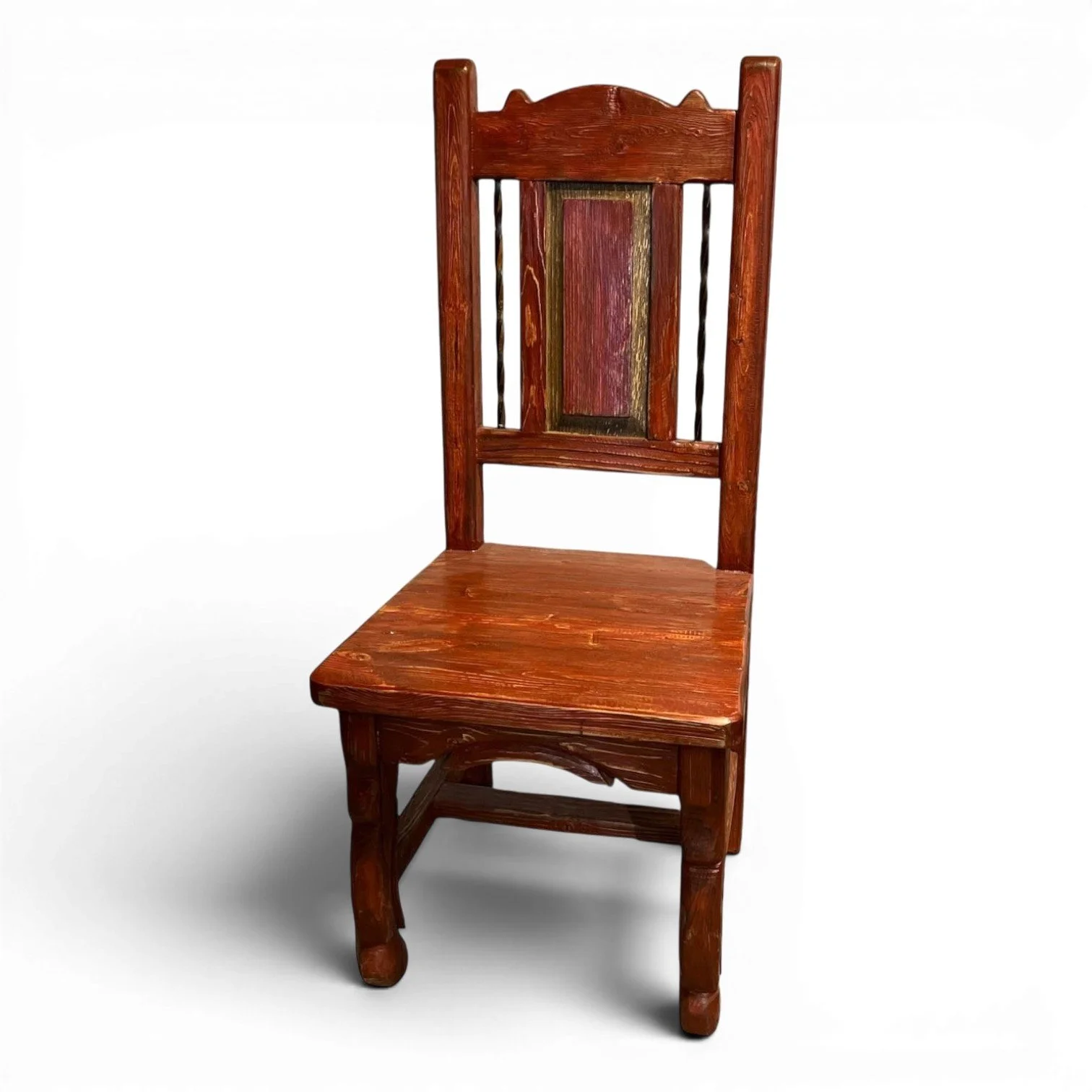Silla Veracruz handcrafted Mexican reclaimed wood dining chair with twisted iron backrest and hand-carved details