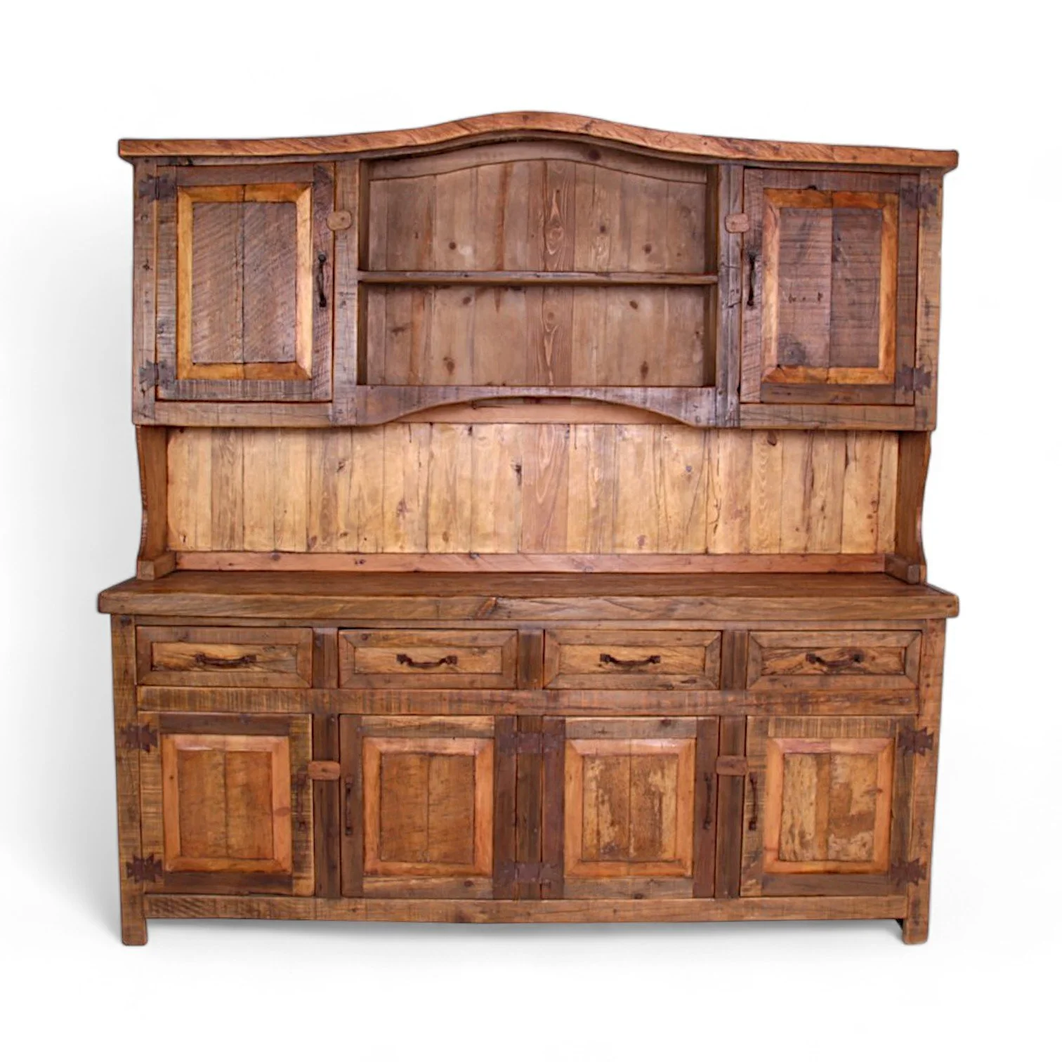 Handmade Mexican reclaimed wood china hutch with iron hardware and dark stain