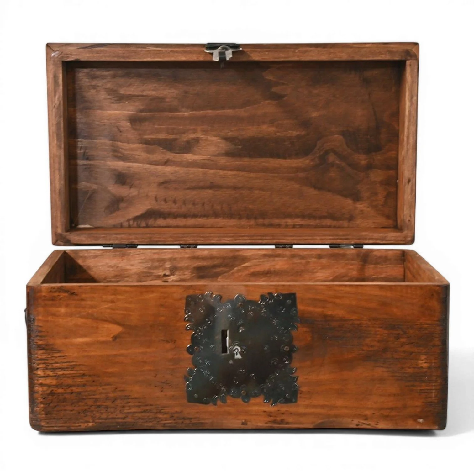 Handmade Danzante coffee table trunk with iron hardware and dark stain finish crafted in Mexico for small space storage.