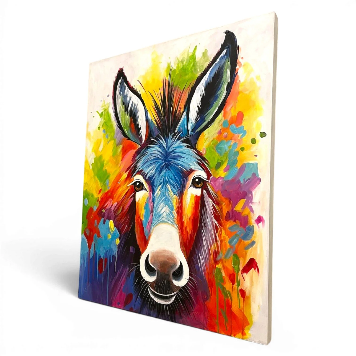 Hand-painted colorful Mexican donkey canvas artwork with expressive eyes and ears