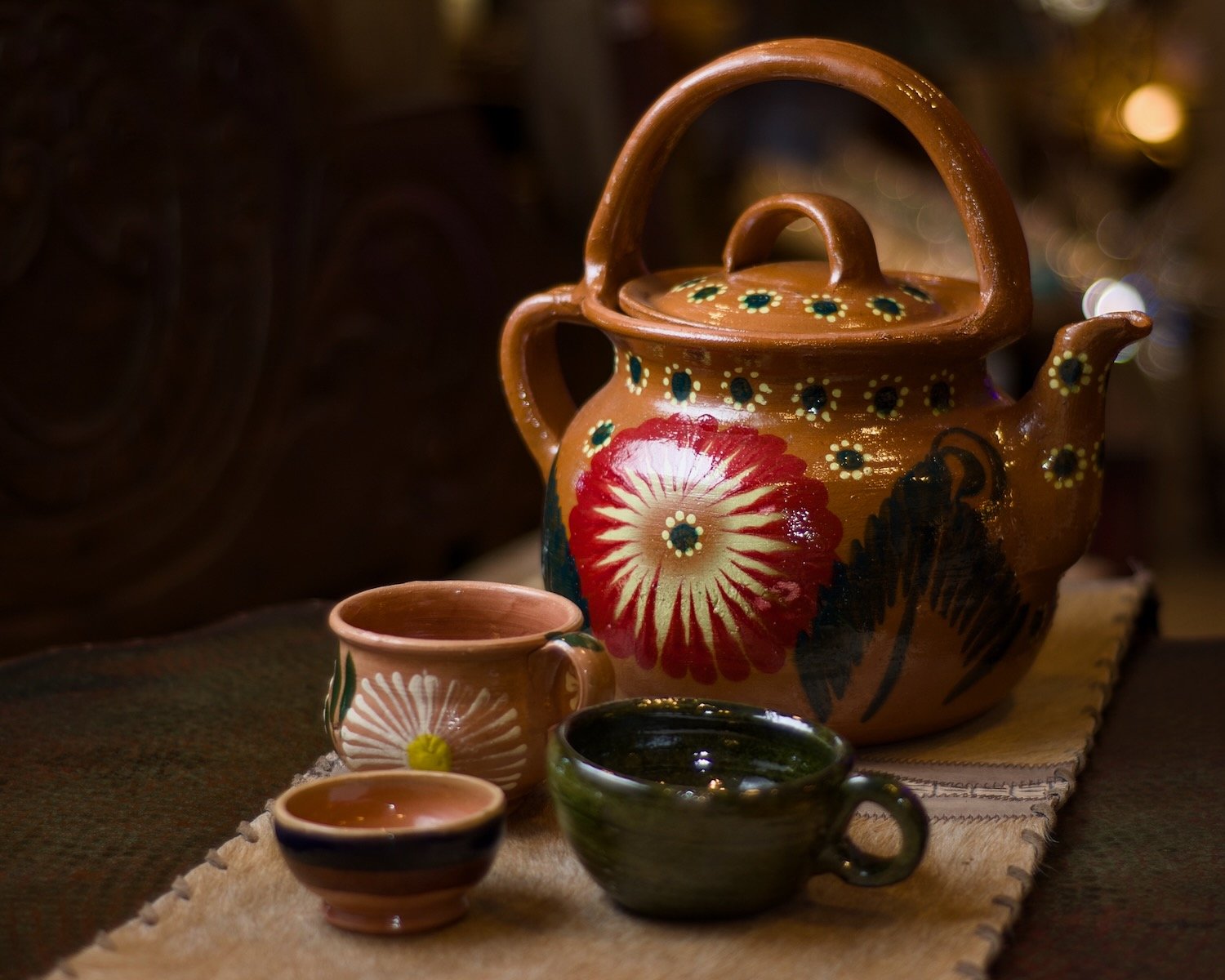 Clay Coffee Pot with Flower Design and Coffee Cups from Mexico.
