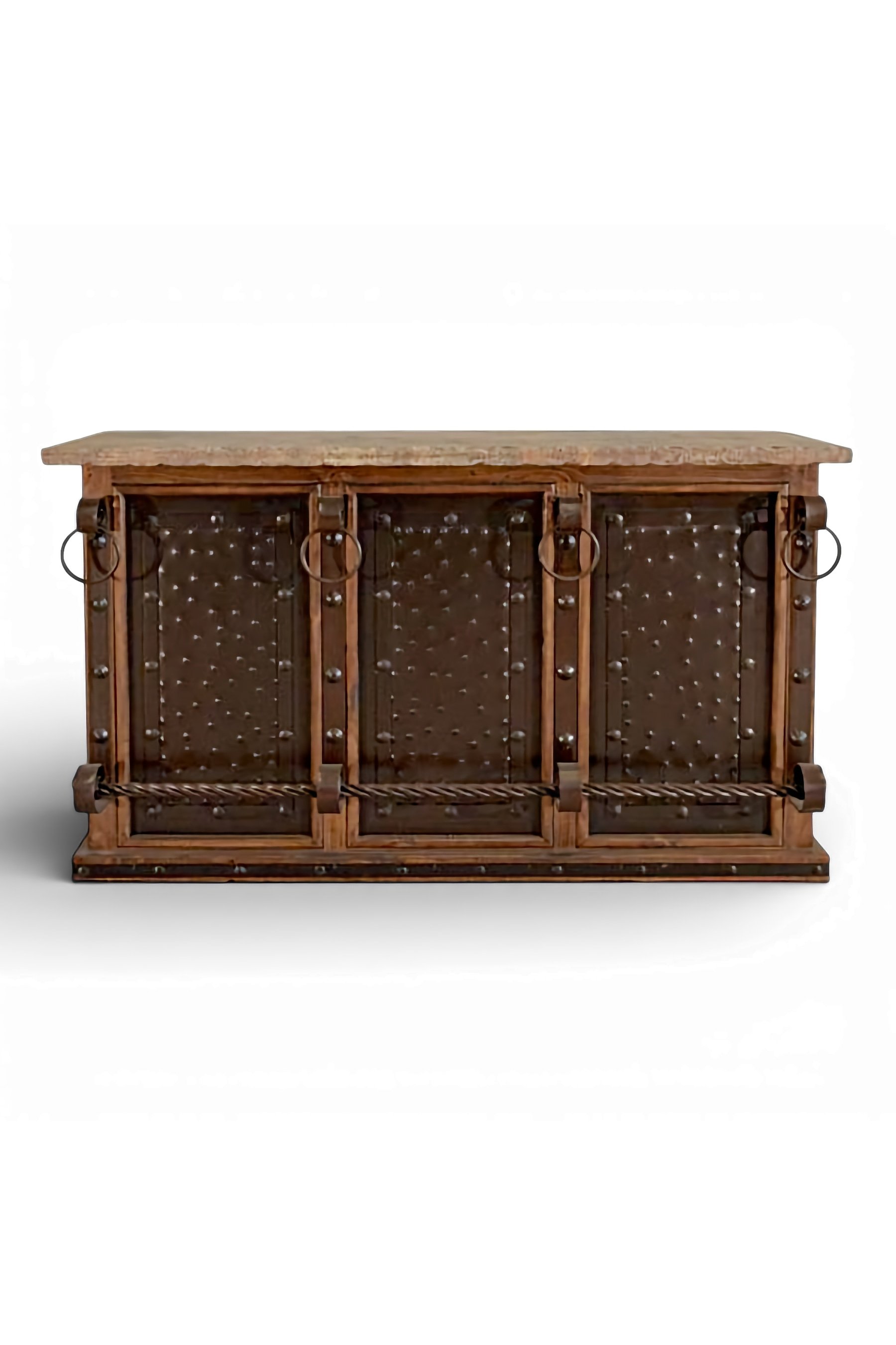 Shop a handmade stone top bar from Mexico. Rustic wood with metal panels, storage, and iron accents for stylish entertaining spaces.