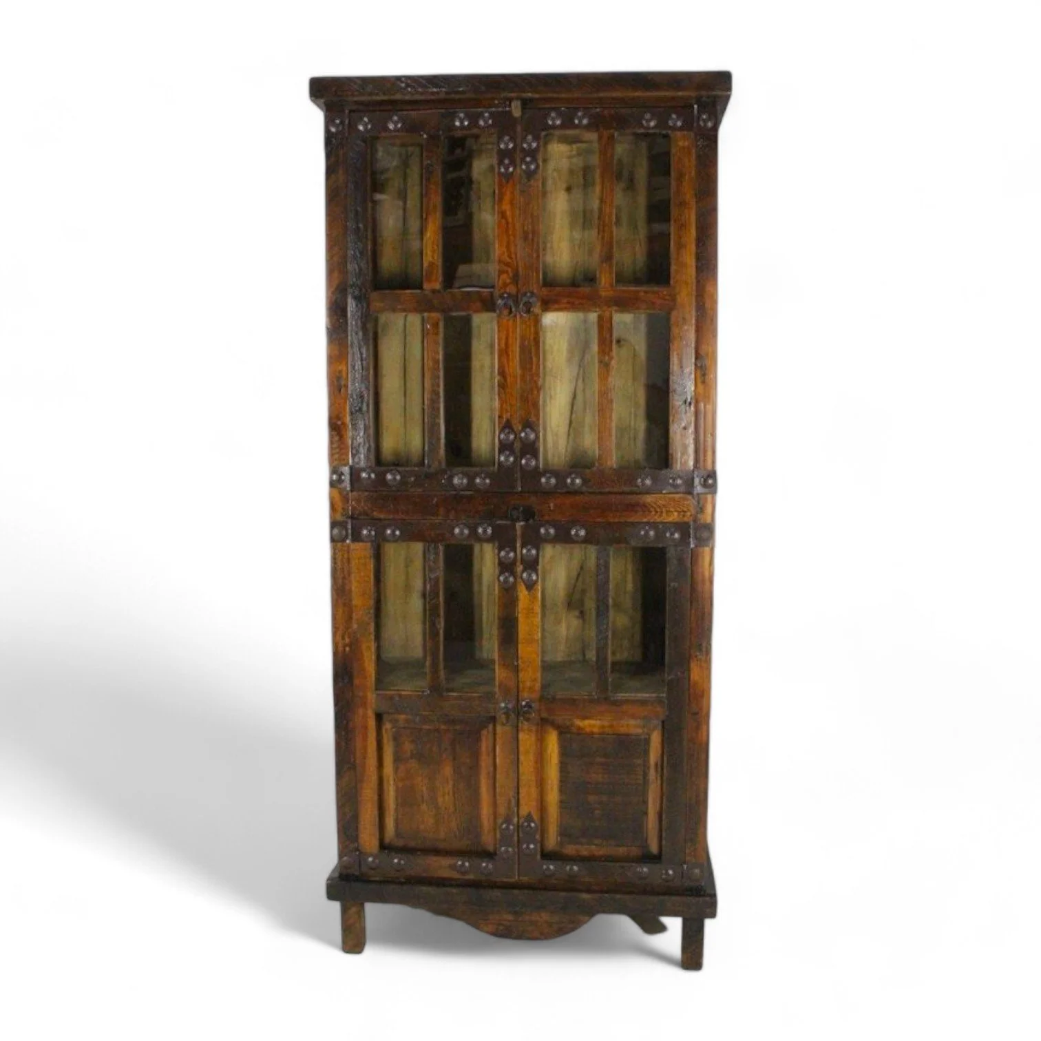 Handmade Acapulco Curio Cabinet crafted in Mexico from reclaimed wood with glass doors and rustic iron accents.
