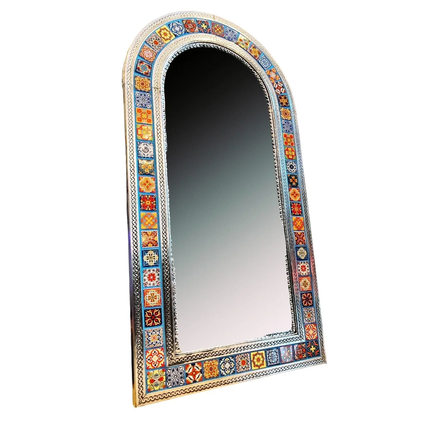 Handmade Arch Talavera Mirror with authentic blue Mexican tile and elegant arched frame.