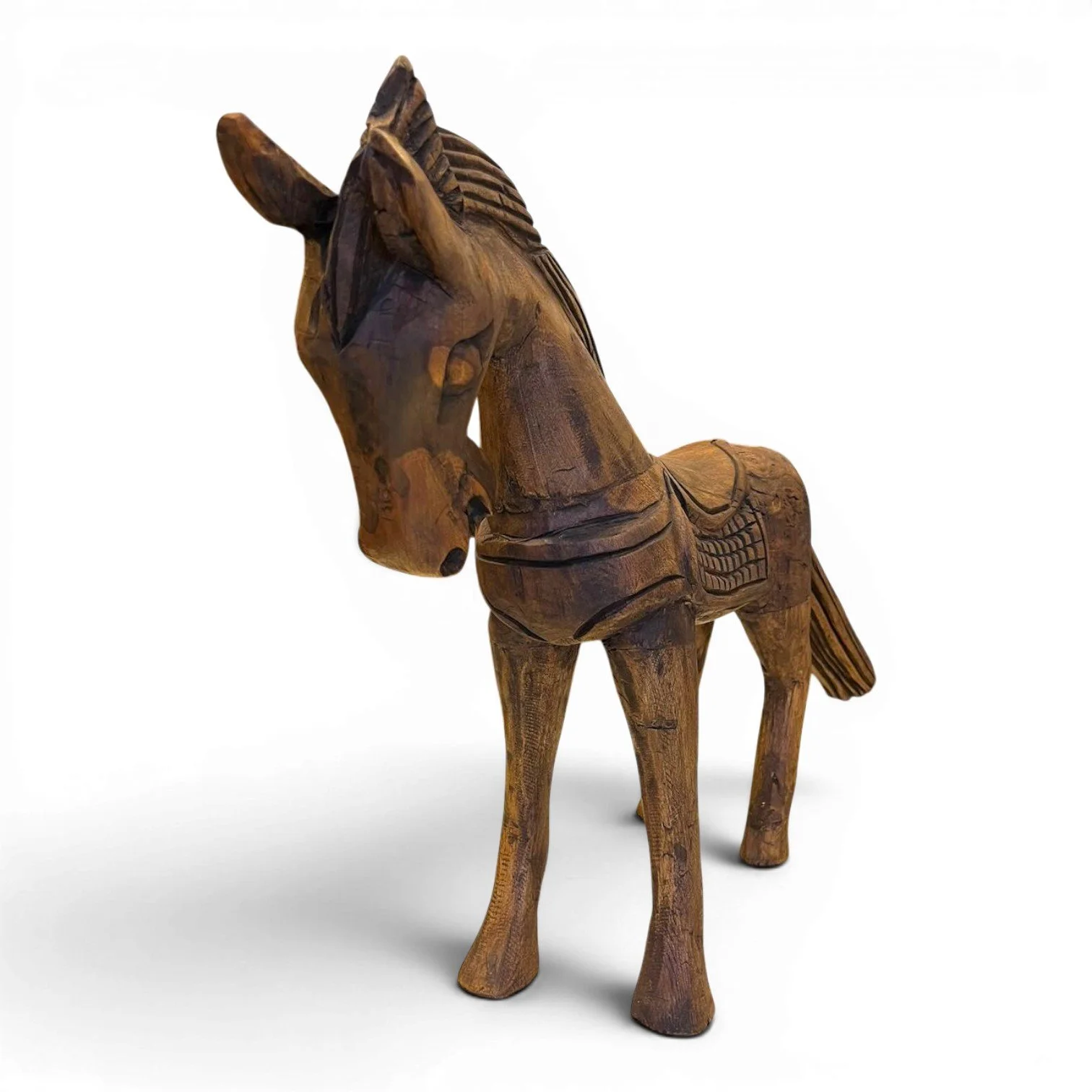 Handmade Mexican hand-carved wood horse sculpture featuring a rich dark finish and classic standing pose, perfect for rustic and Western décor.