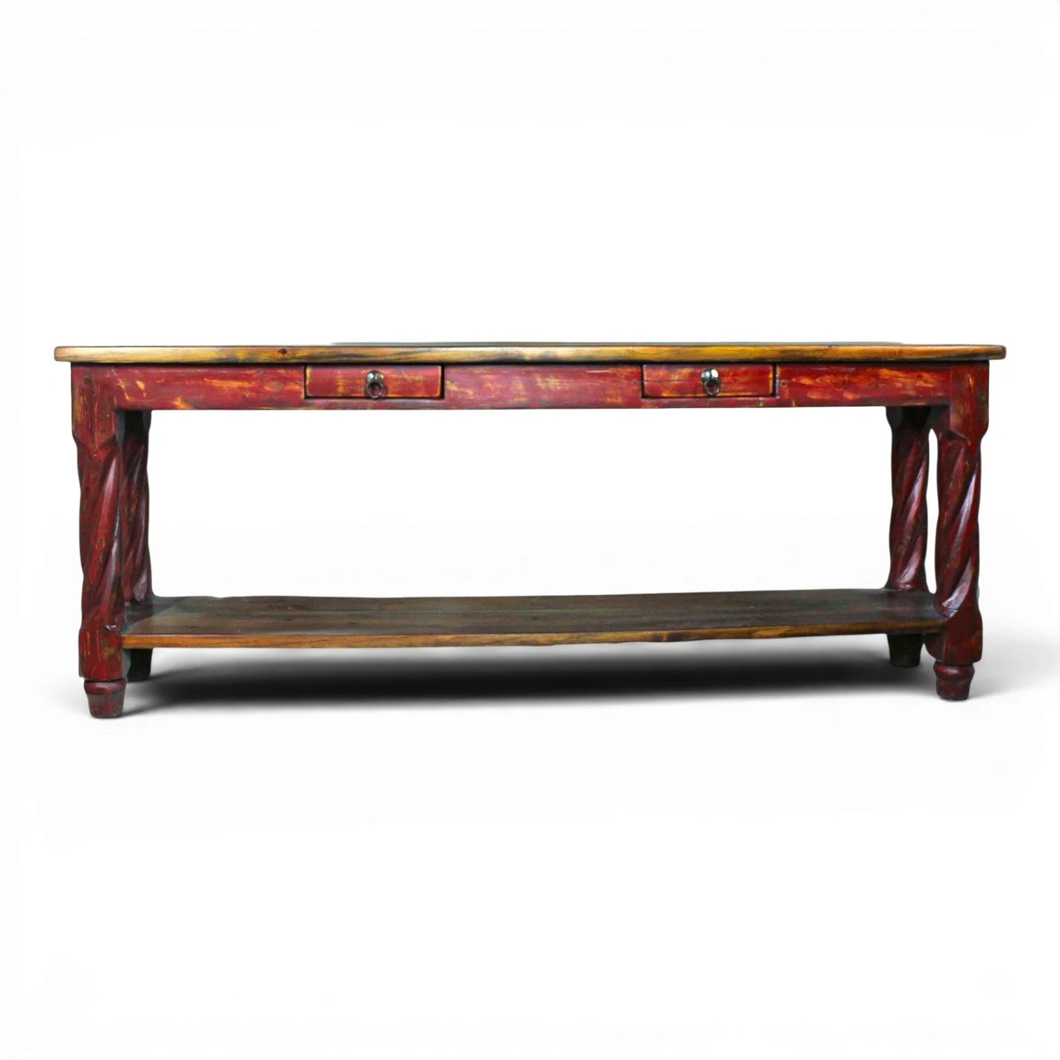 Handmade Mexican reclaimed wood sofa table with twisted legs for coastal and rustic interiors