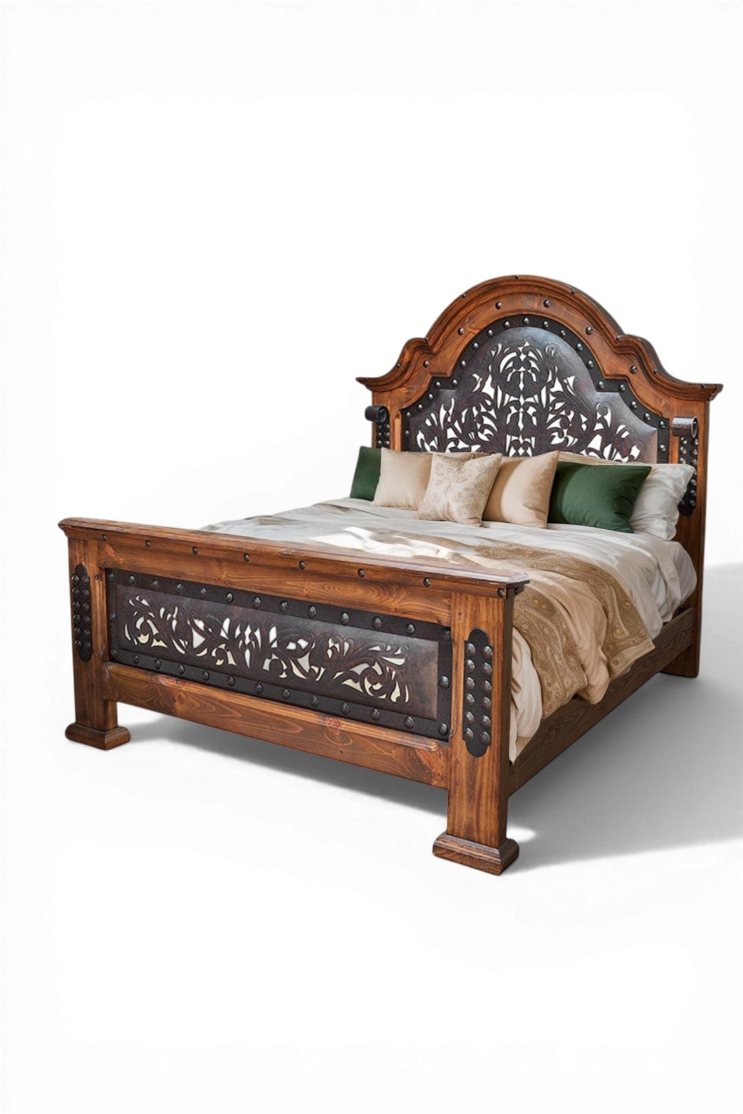Shop a handmade tooled leather bed from Mexico. Rustic hacienda-style bed with carved wood, iron accents, and artisan craftsmanship.