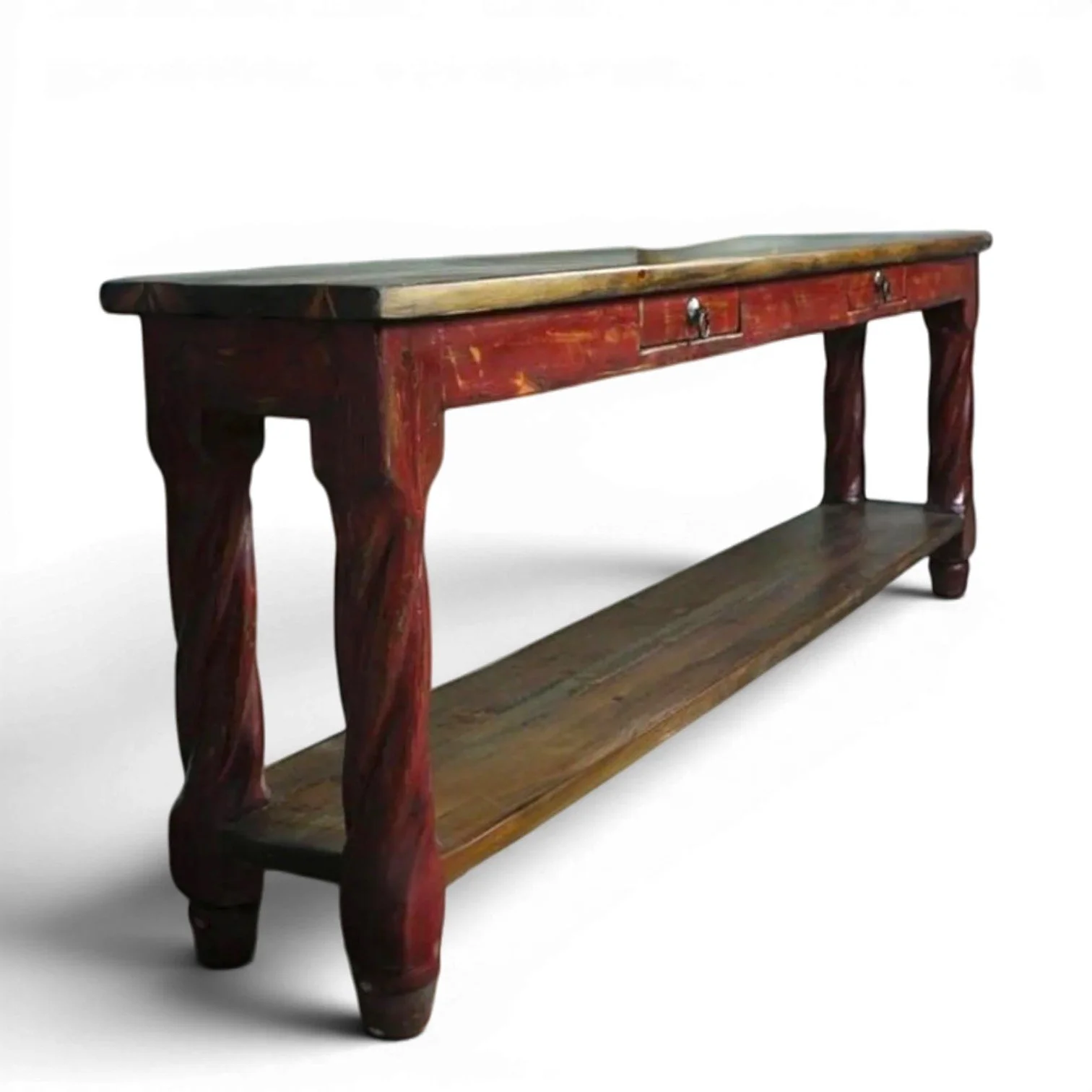 Handmade Mexican reclaimed wood sofa table with twisted legs for coastal and rustic interiors