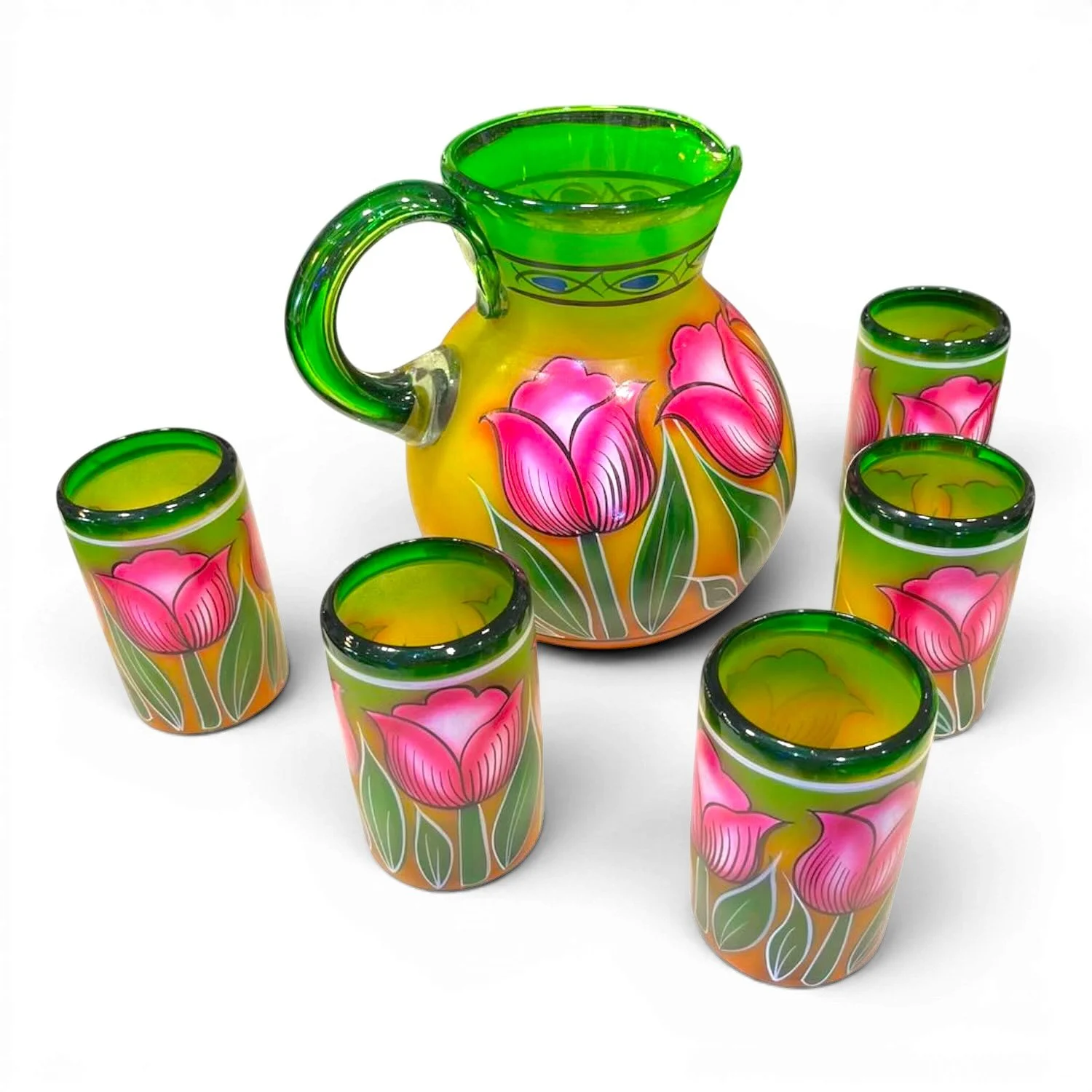 Handblown painted tulips glass pitcher and five matching tumblers handmade in Mexico with vibrant floral design and green accents.