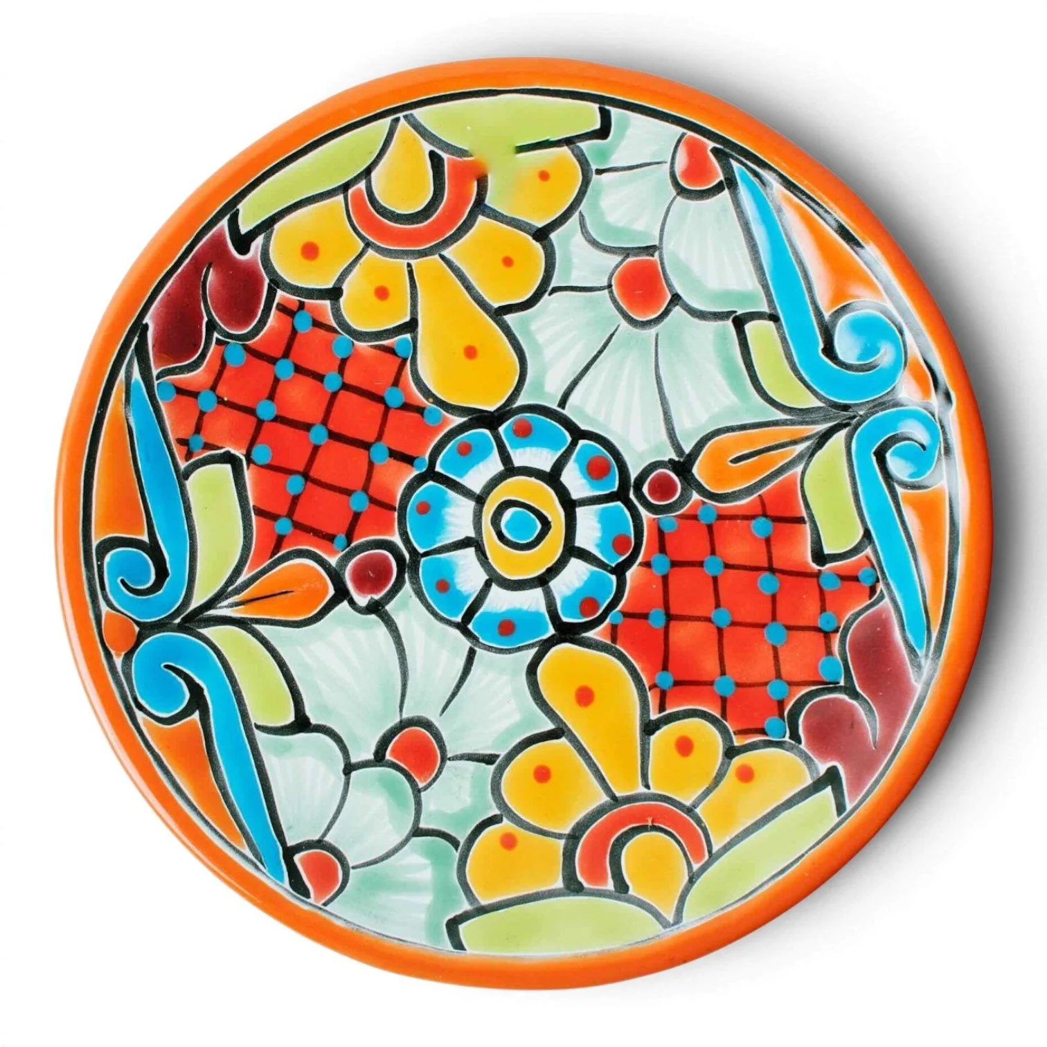 Handmade Mexican Talavera 8-inch dinner plate with colorful hand-painted design and assorted rim colors