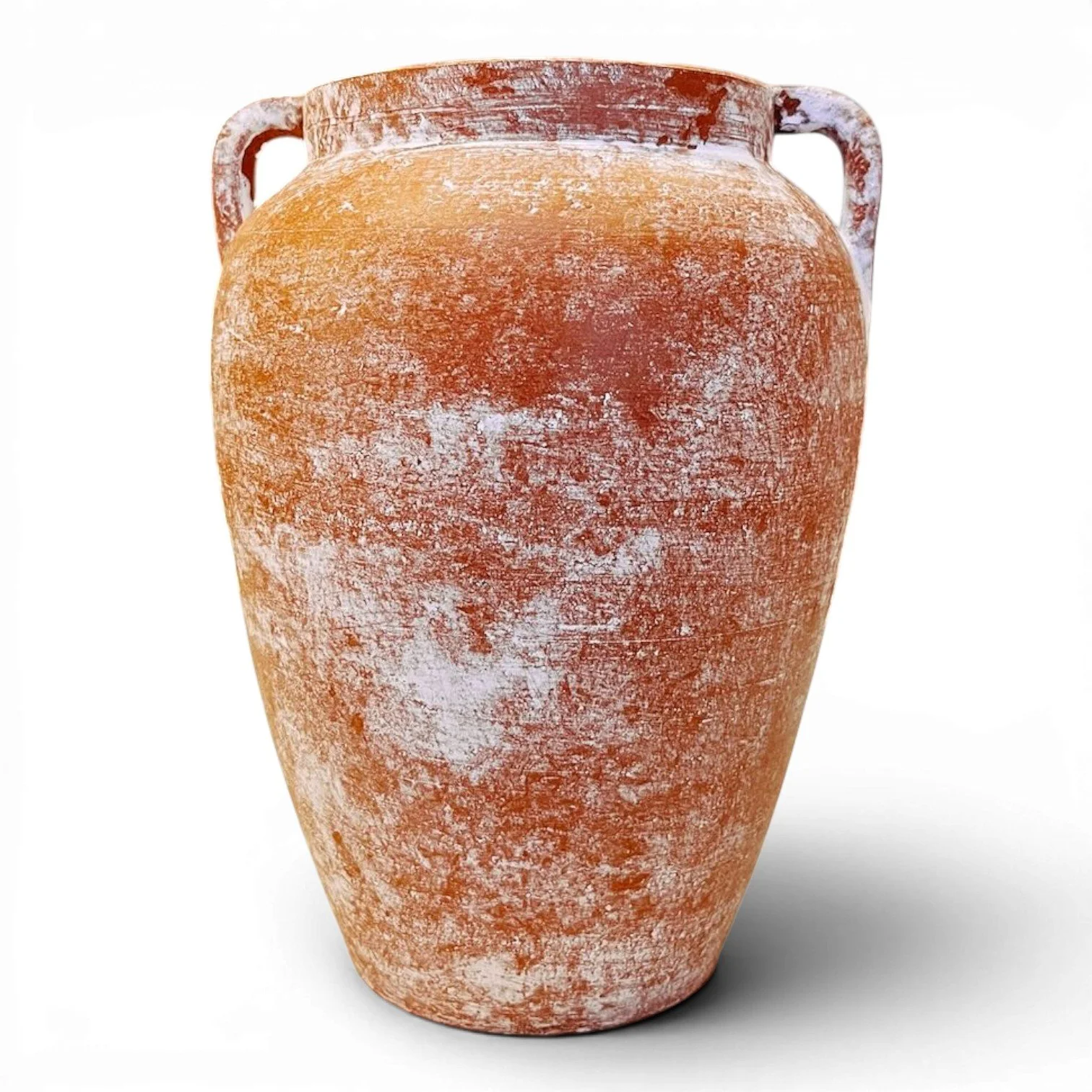 Handmade Mexican distressed terracotta clay vase with whitewashed finish and decorative handles