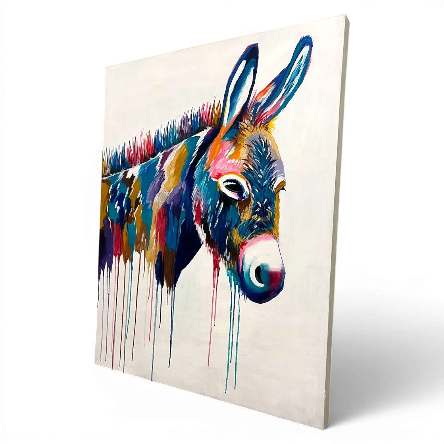 Hand-painted Mexican donkey canvas artwork with colorful dripping paint design