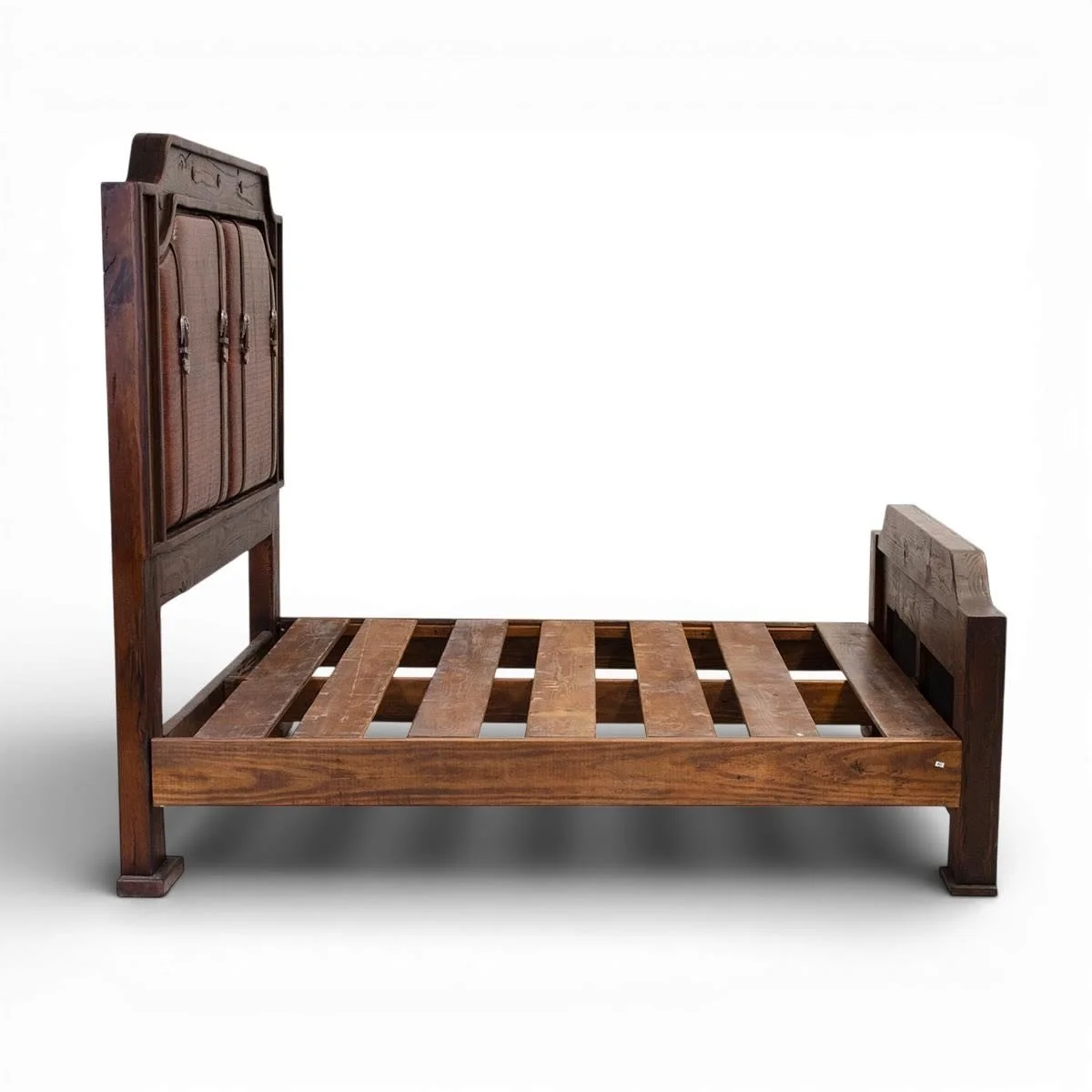 Handmade Todos Santos croc print leather bed with reclaimed wood, dark cognac embossed leather panels, and silver clavos crafted in Mexico.