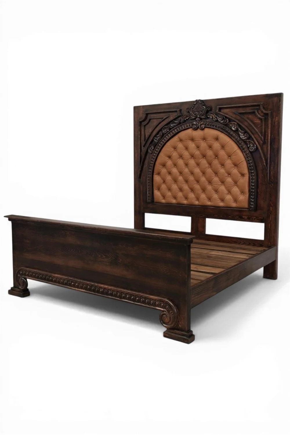 Shop a handmade leather bed from Mexico. Rustic hacienda-style bed with carved wood and premium materials for elegant bedrooms.