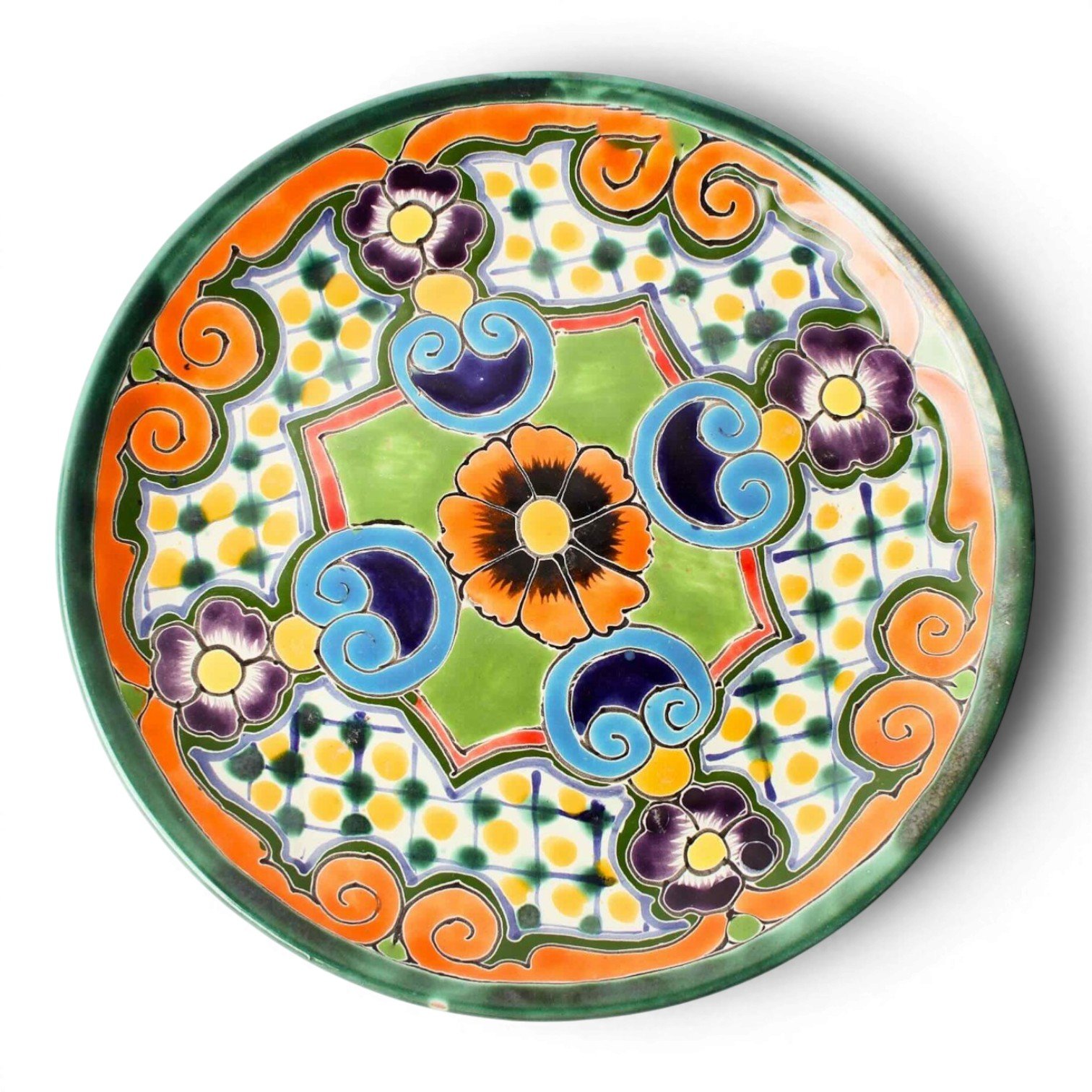 Handmade Mexican Talavera 10-inch dinner plate with colorful hand-painted design and assorted rim colors