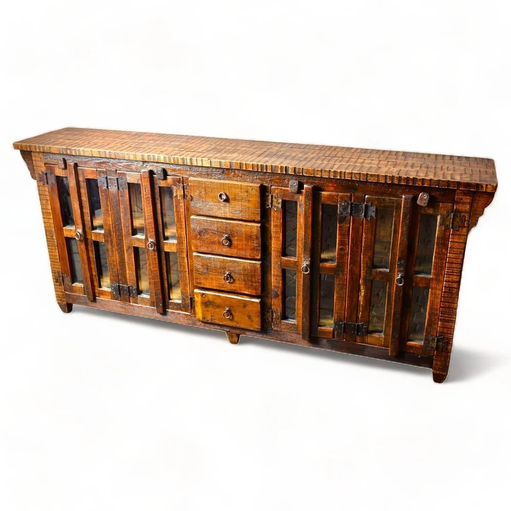 Handmade Mexican reclaimed wood buffet with glass doors and iron hardware