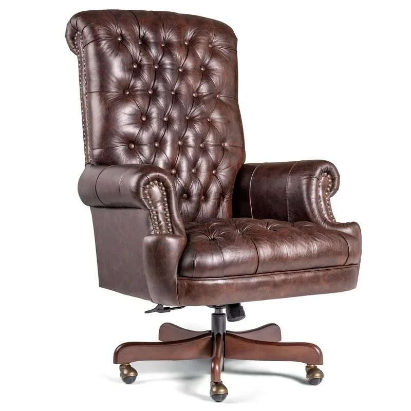 Tufted Dallas executive office chair with top-grain leather upholstery, deep tufted back, nailhead trim, and handcrafted Western styling.