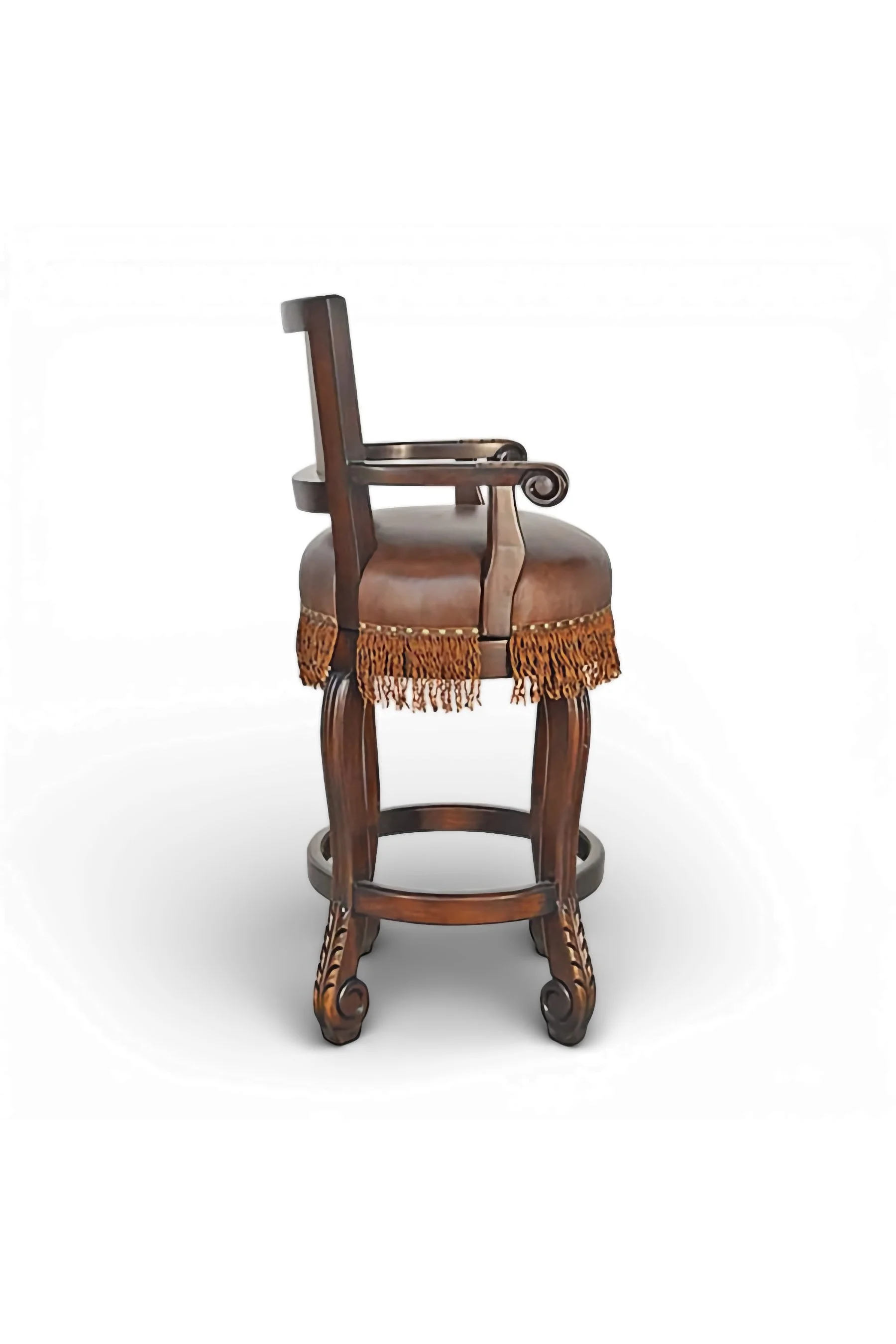 Shop a tooled leather bar stool with fringe and carved wood details. Rustic Western design with clavos accents for unique bar seating.