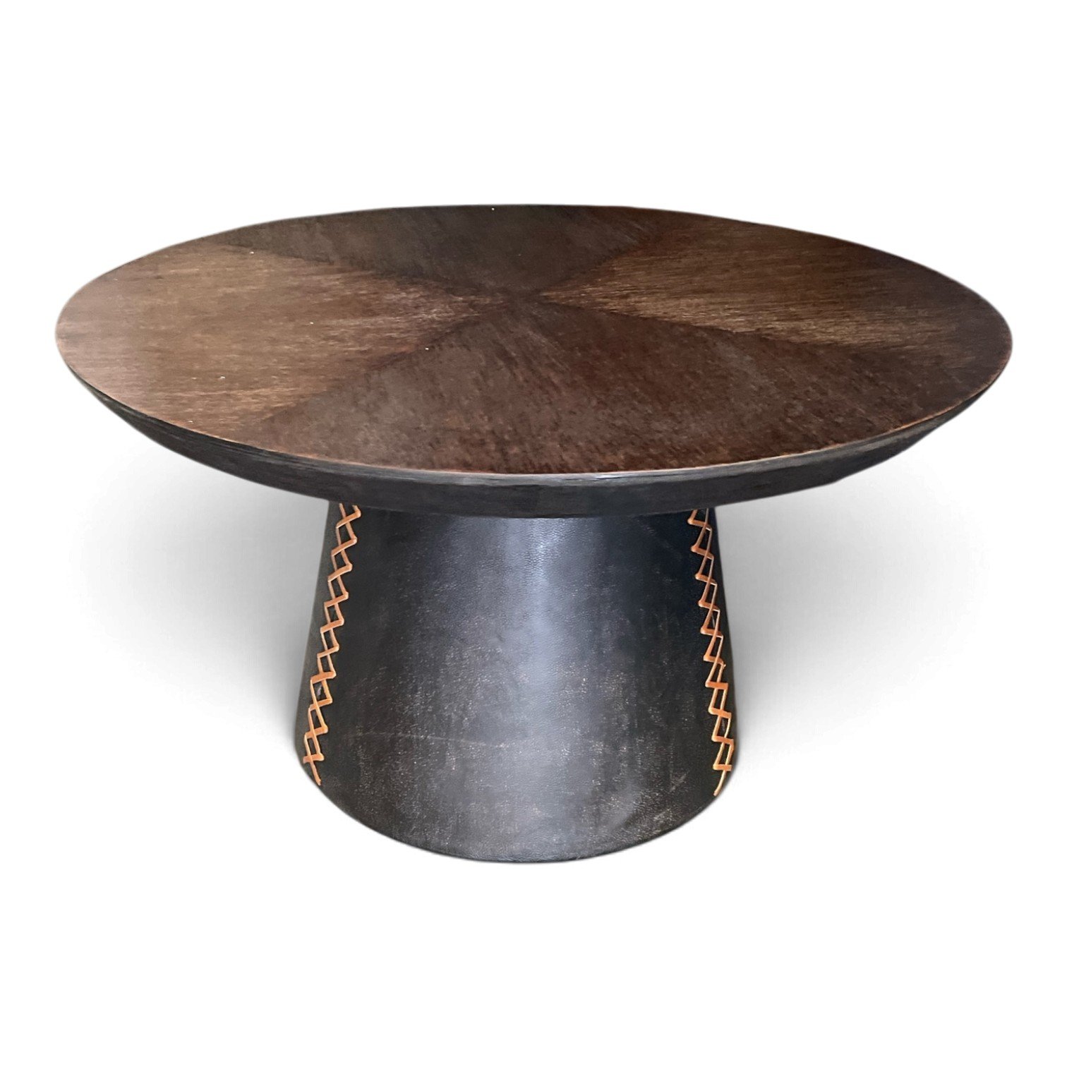 Handmade round coffee table with dark wood top and leather-wrapped stitched base