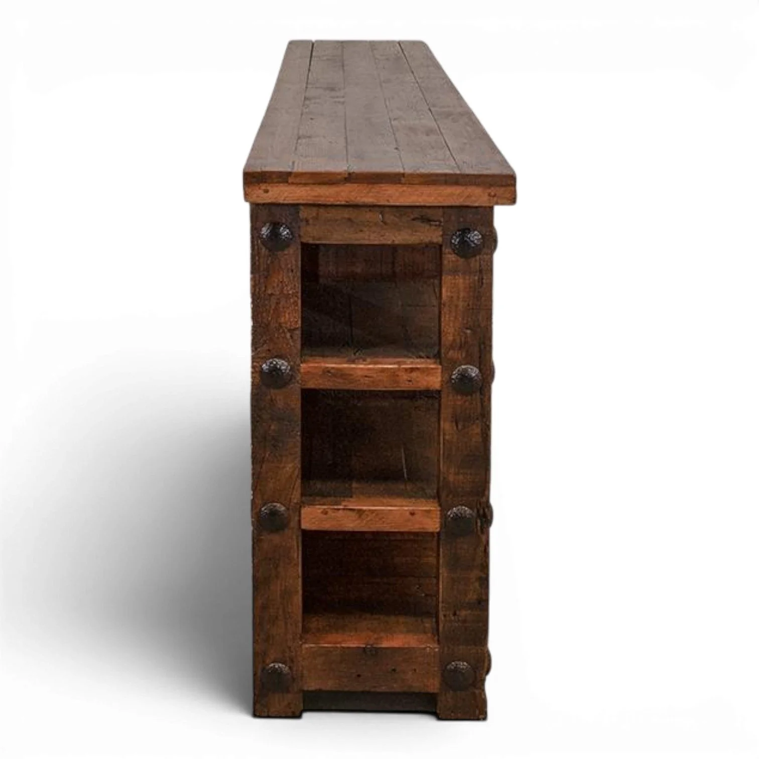 Handmade Mexican Tucson buffet with rich dark stain, iron hardware, decorative clavos, drawers, cabinets, and open shelving
