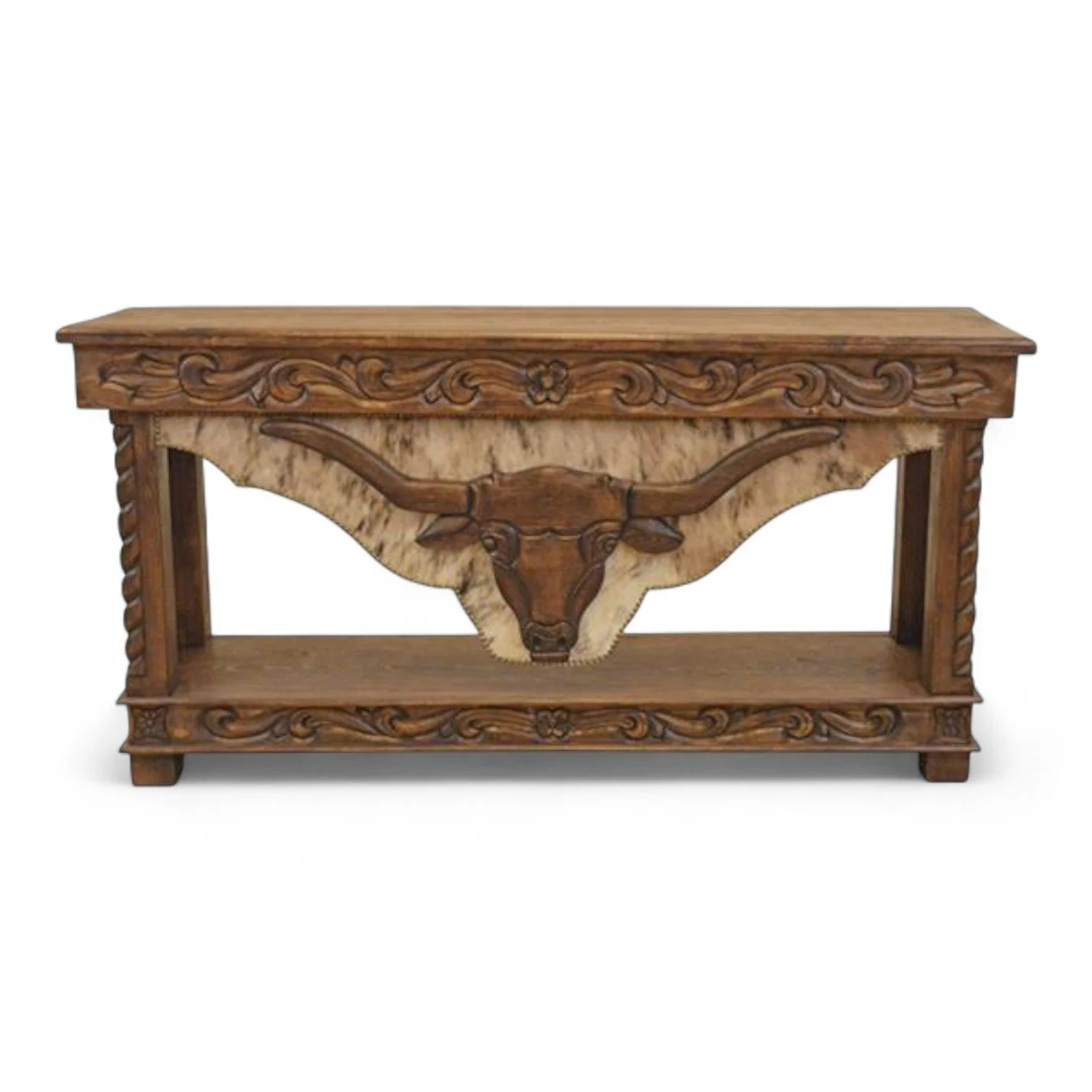 Handmade in Mexico, the Old West Longhorn Carved Console features a cowhide front panel, carved Longhorn detail, and trunk-style storage. Rustic Western design, 72" x 20" x 36".