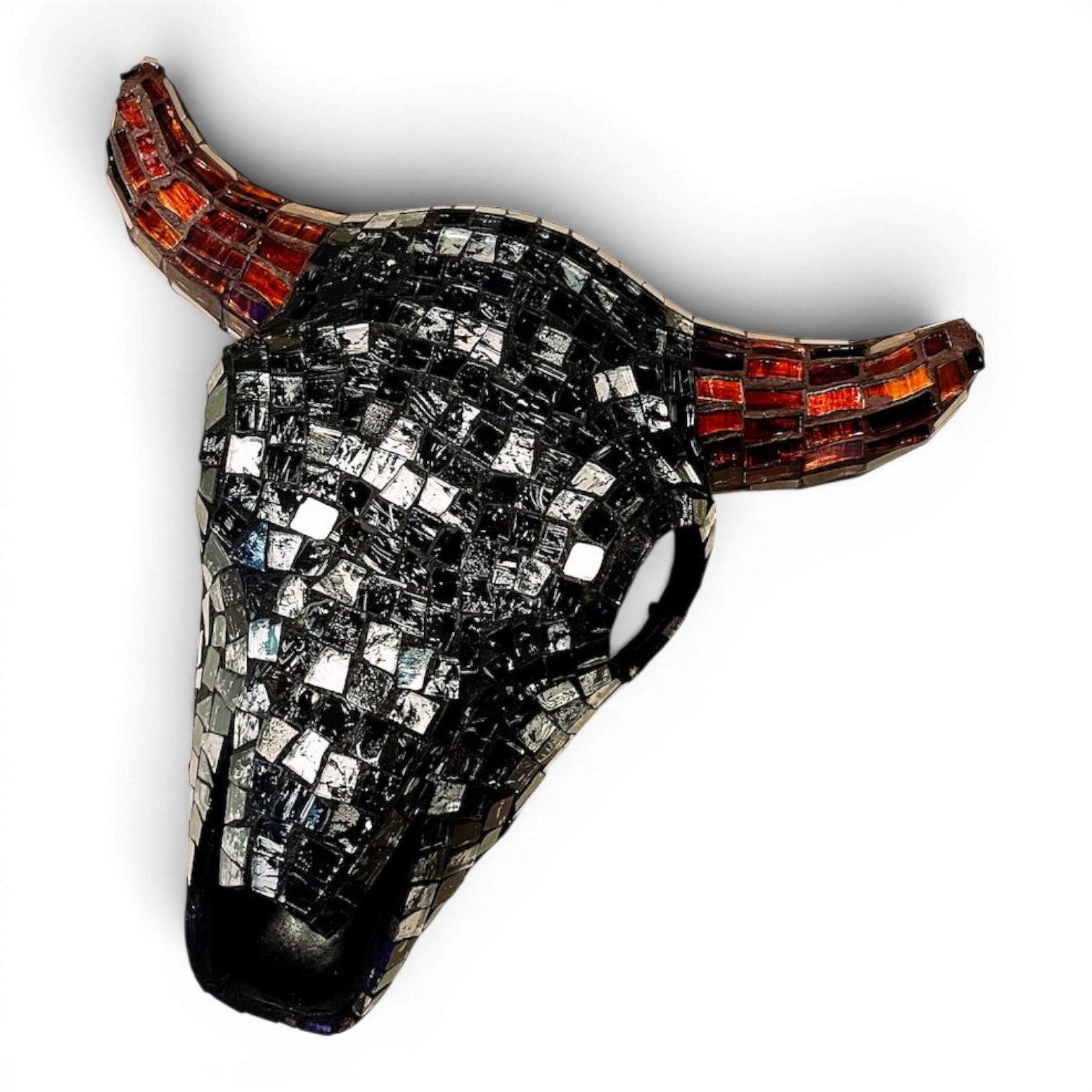 Handmade Mexican small mosaic cow skull with hand-formed clay and colorful glass tiles