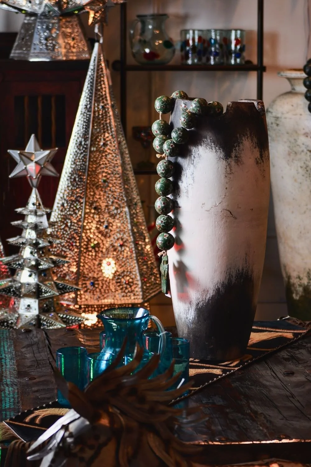 Reclaimed wood coffee table with turquoise copper trim from Mexico