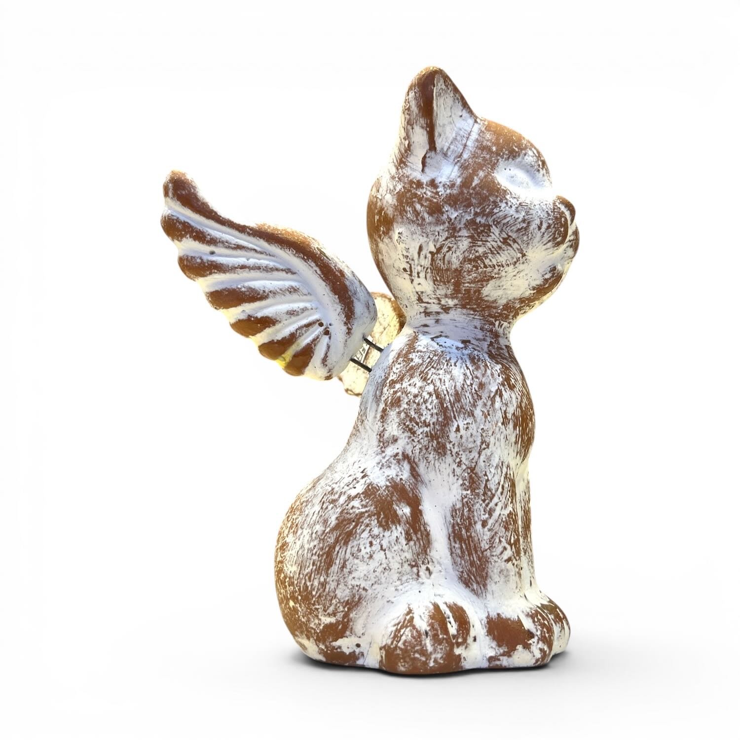 Handmade Gato Ángel clay angel cat with wings and distressed white finish crafted in Mexico.