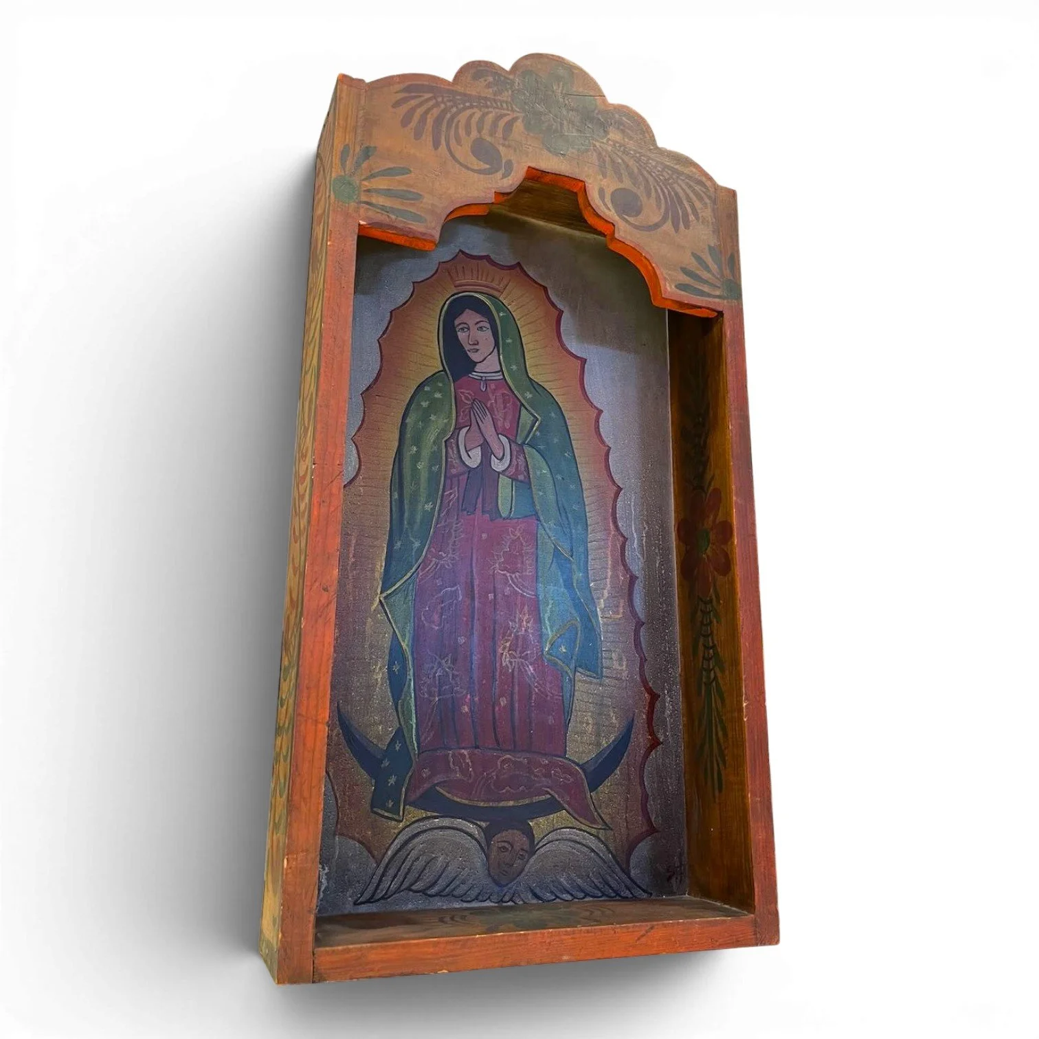 Handmade Mexican Retablo Shadow Box featuring hand-painted religious imagery, hand-carved wood details, and rich dark finish.