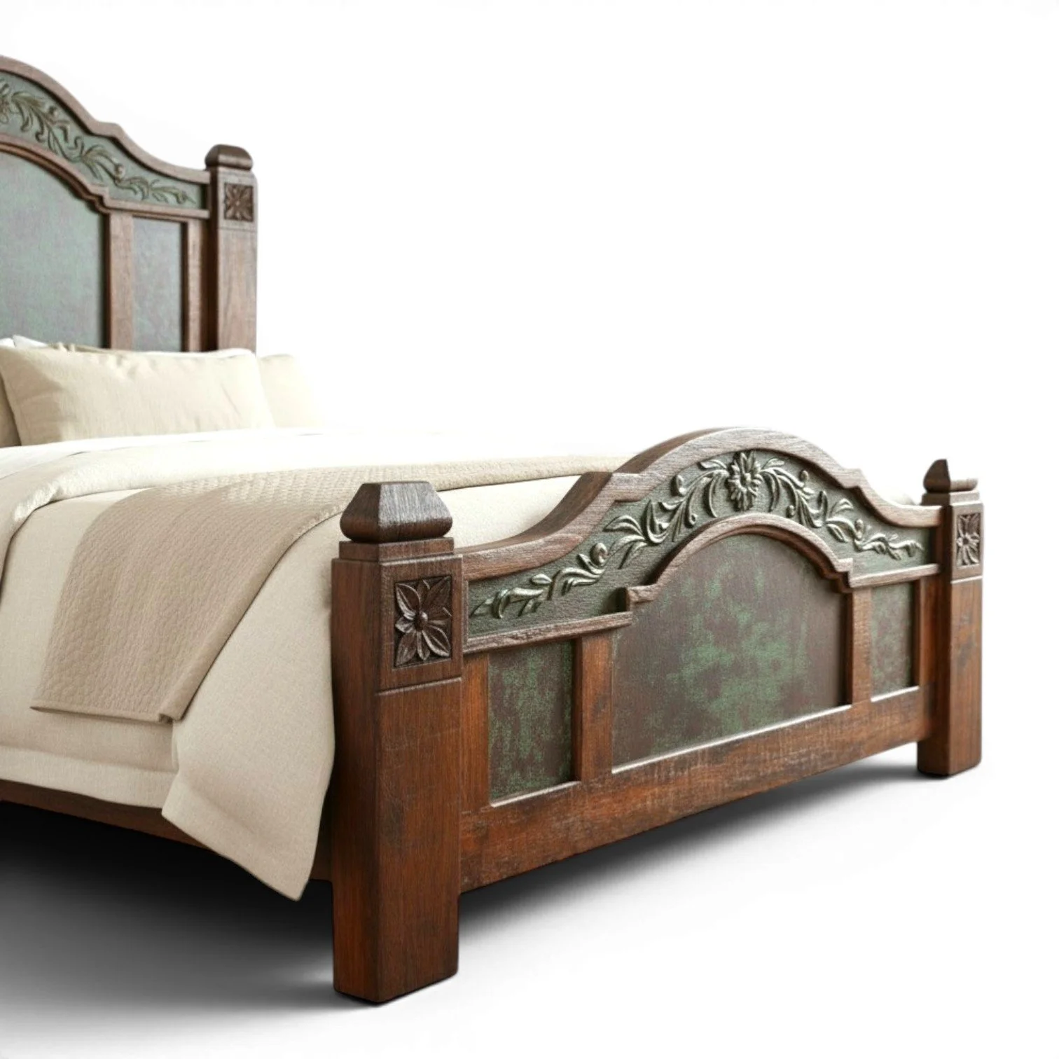 Handmade La Margarita copper bed with reclaimed wood, verdigris patina, and floral copper accents crafted in Mexico.
