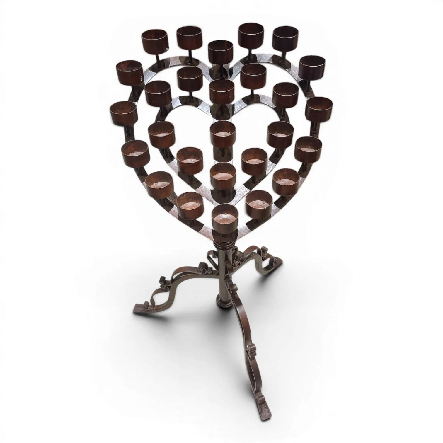 Handmade Mexican wrought iron heart candelabra centerpiece with bronze finish and elegant scrollwork